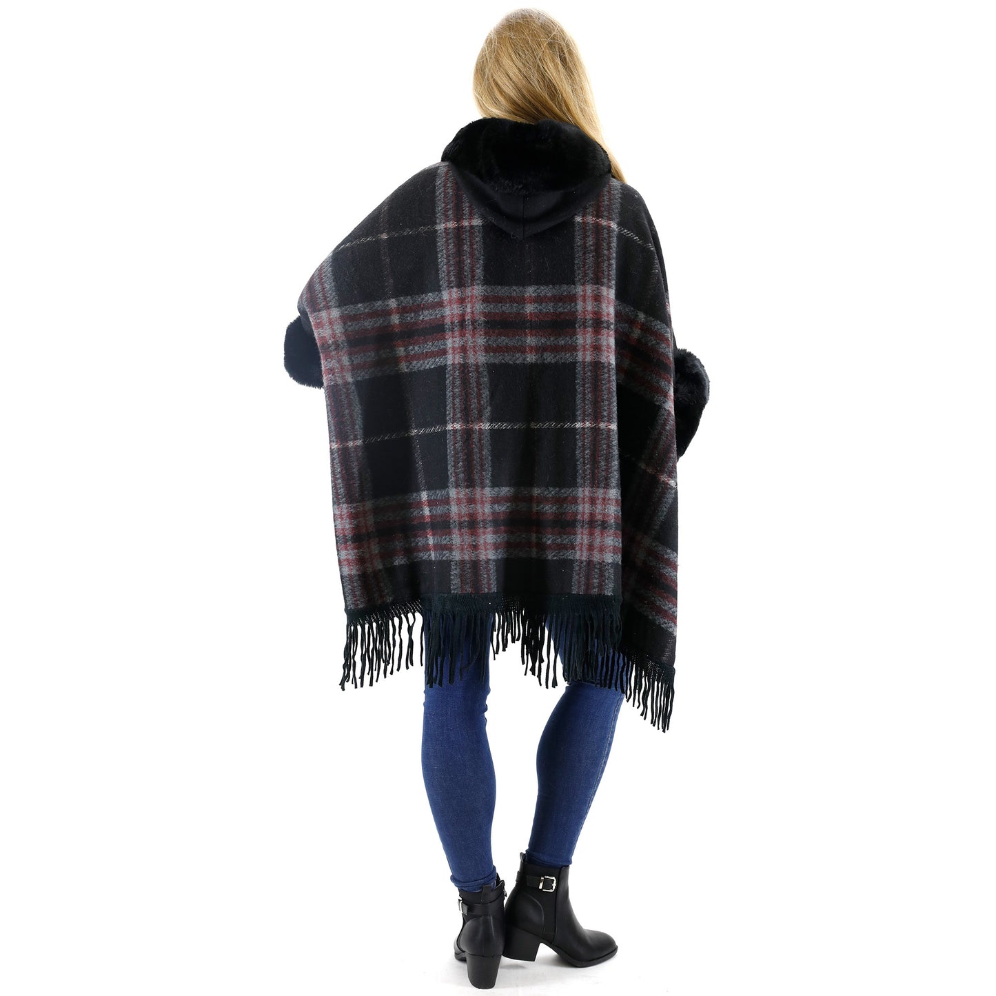 Check Pattern Fur Fringed Shawl P177 (1PC)