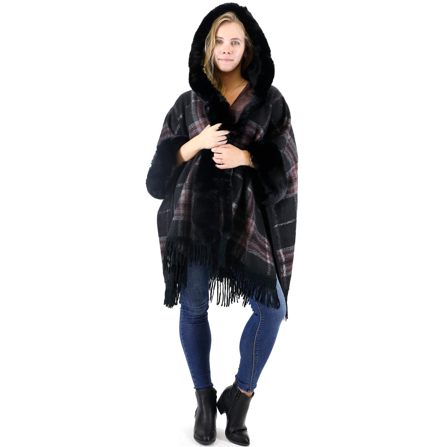 Check Pattern Fur Fringed Shawl P177 (1PC)