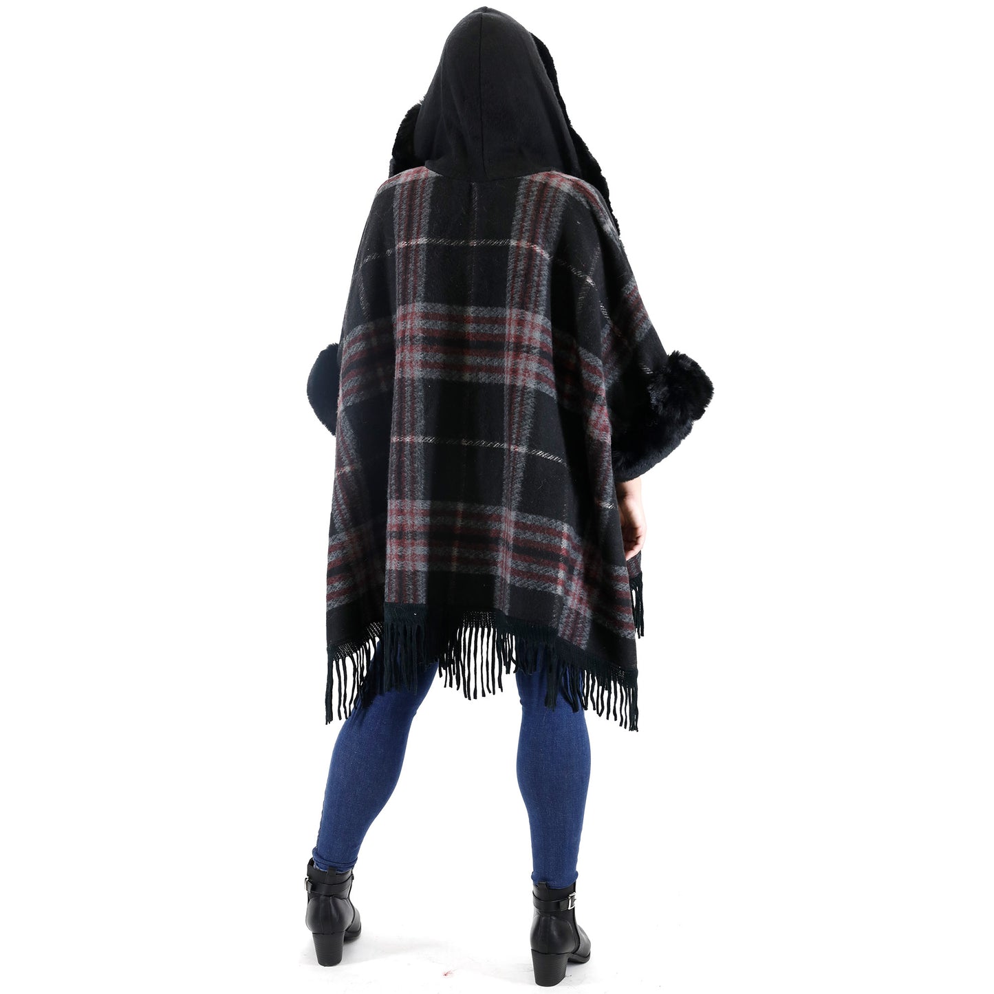 Check Pattern Fur Fringed Shawl P177 (1PC)