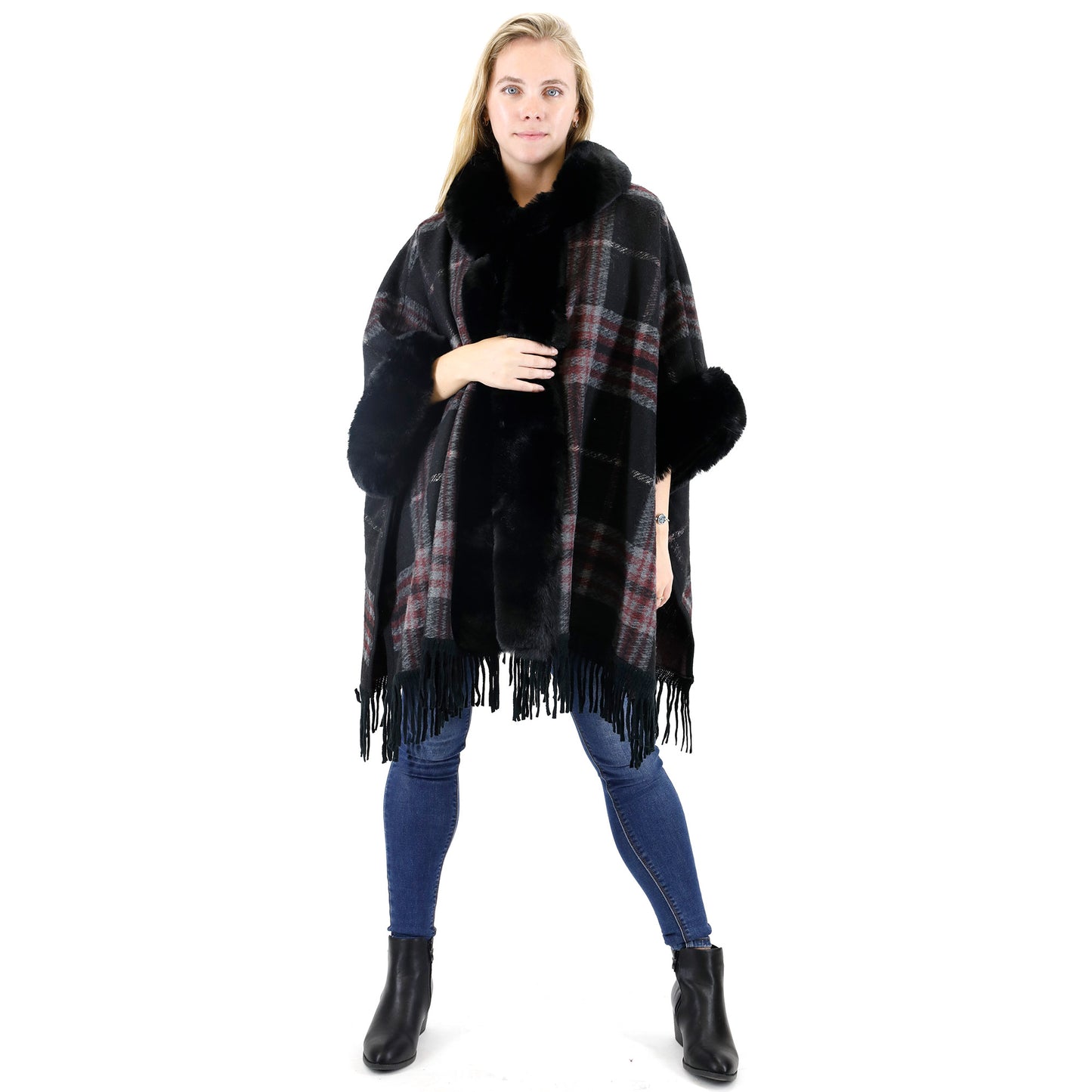 Check Pattern Fur Fringed Shawl P177 (1PC)