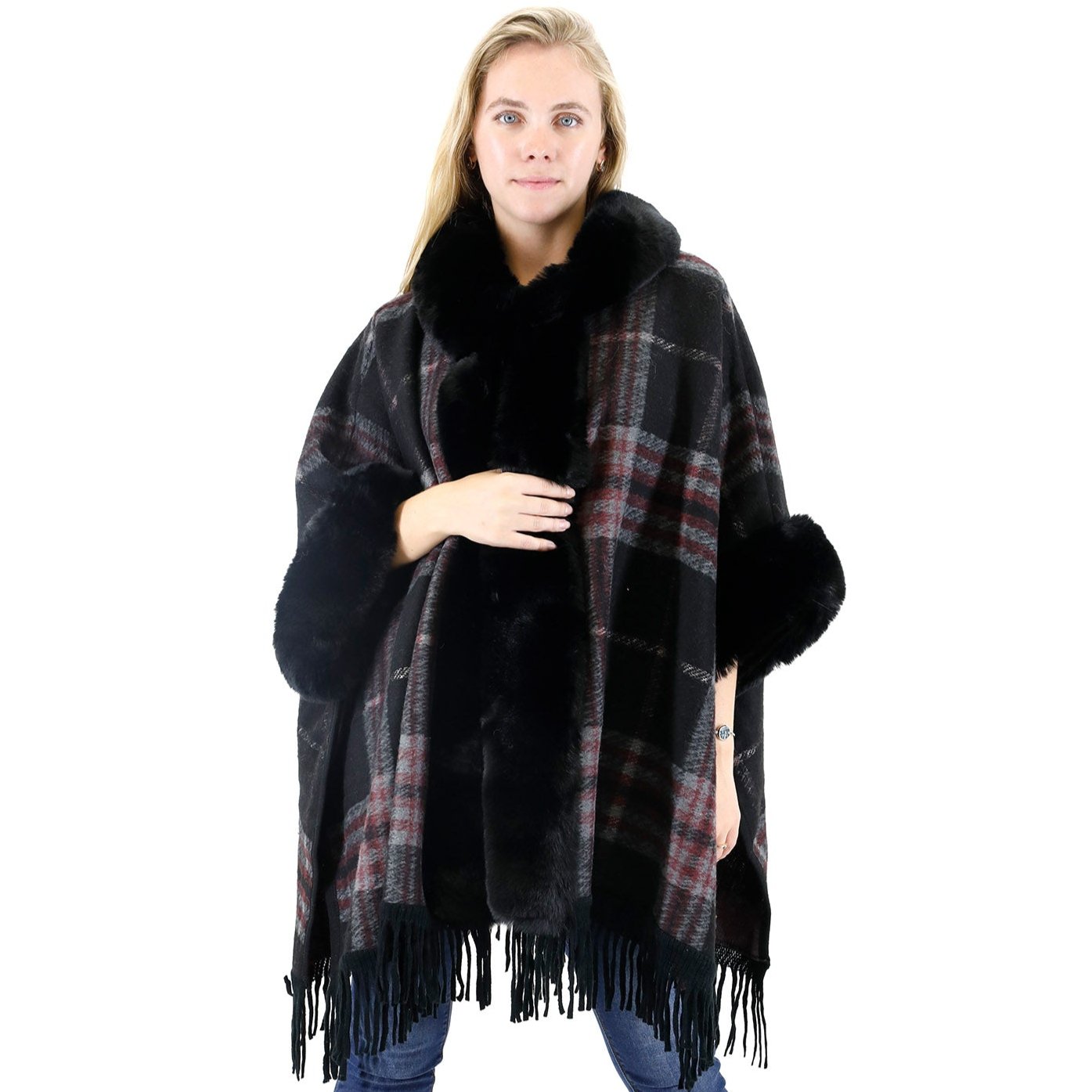 Check Pattern Fur Fringed Shawl P177 (1PC)