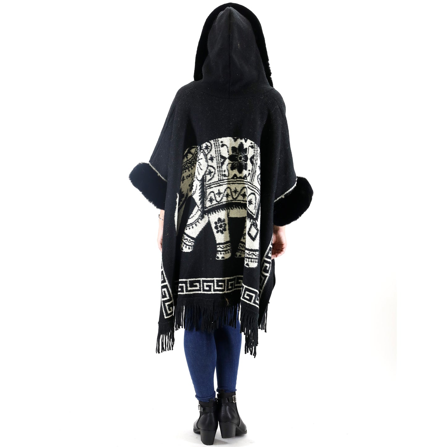 Faux Fur Elephant Pattern Fringed Hoodie Shawl P3825 (3PC)