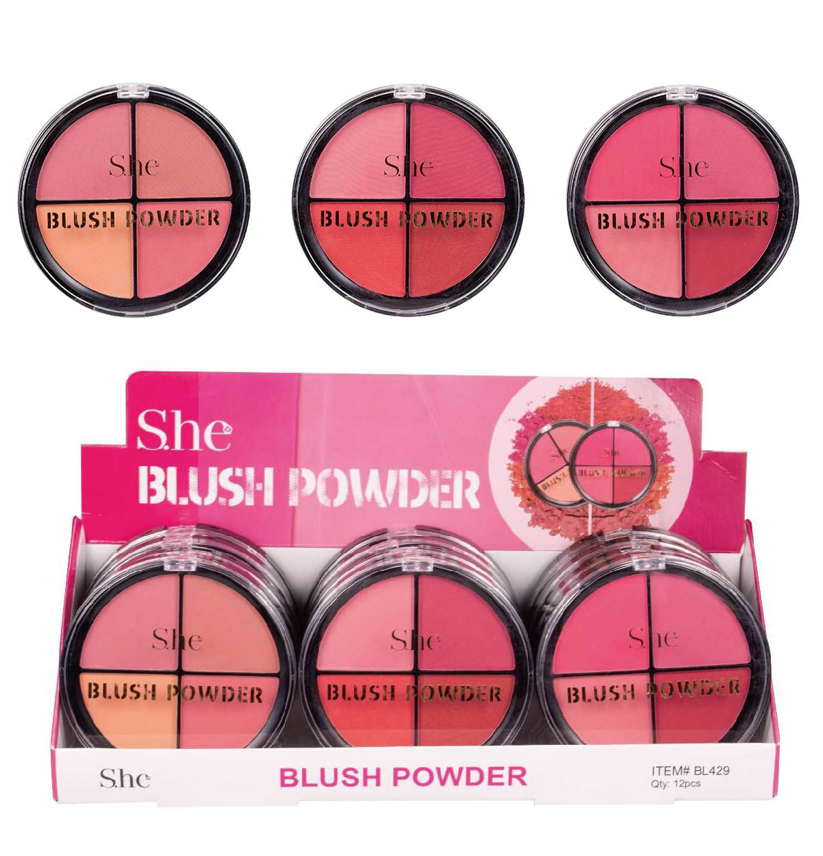 S.he Compact 3 Colors Blush Powder Palette BL429 (12PK)