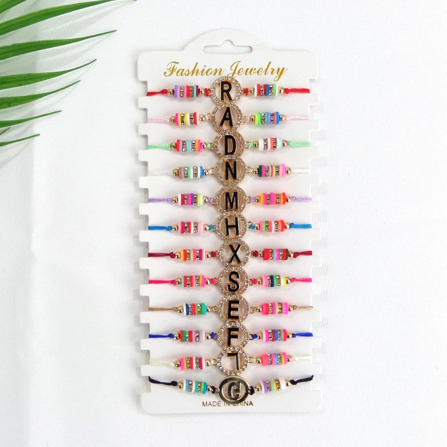 Bead Rhinestone Letter Charm Adjustable Bracelet BR3724-37 (12PC)