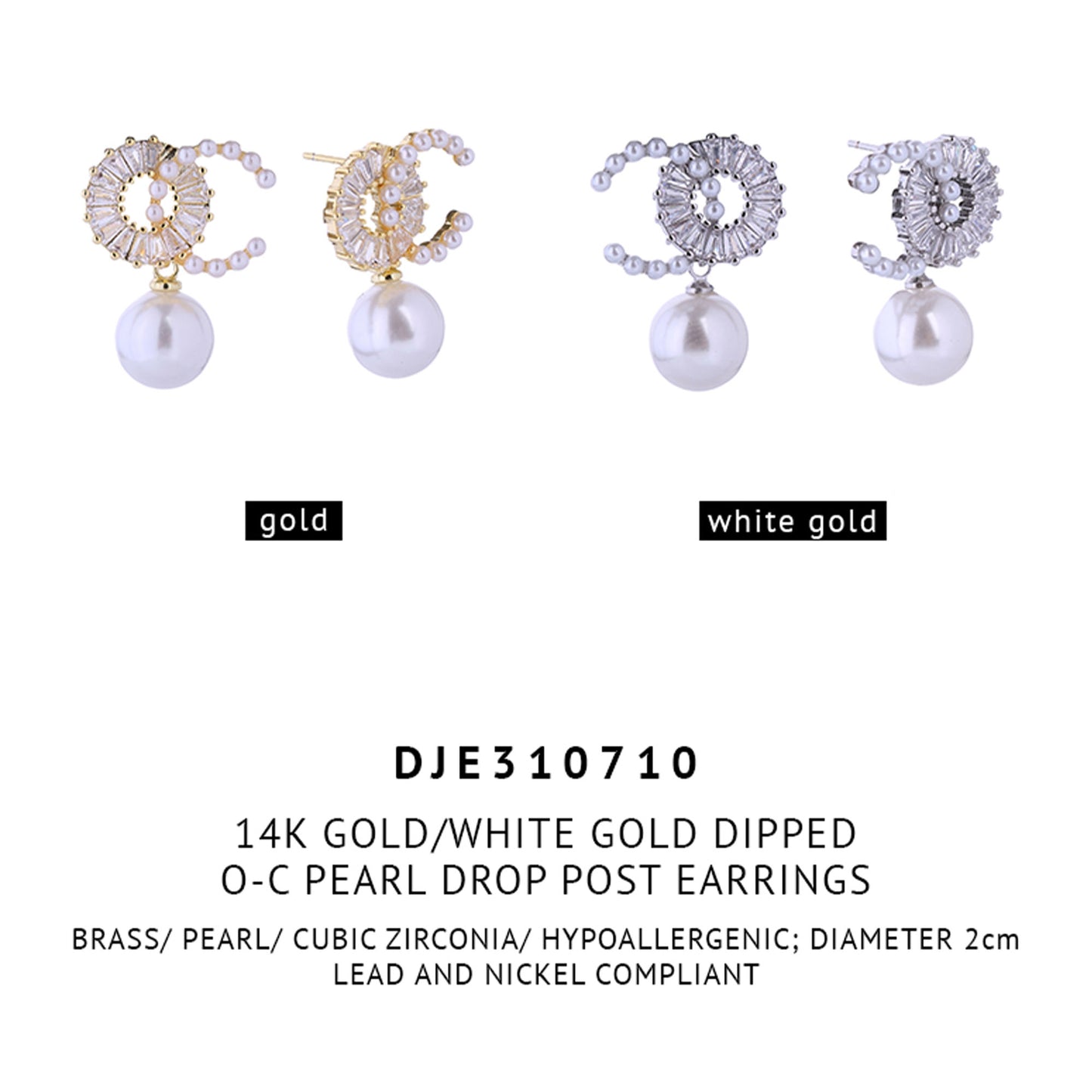 14k Gold Dipped CZ Pearl Drop Earring 310710 (12PAIR)