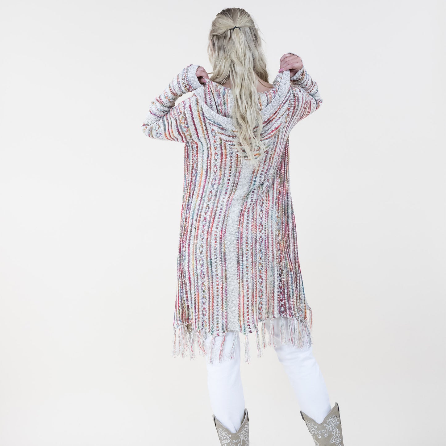 Tribal Stripe Pattern Hoodie Fringed Long Cardigan FP64088 (2PC)