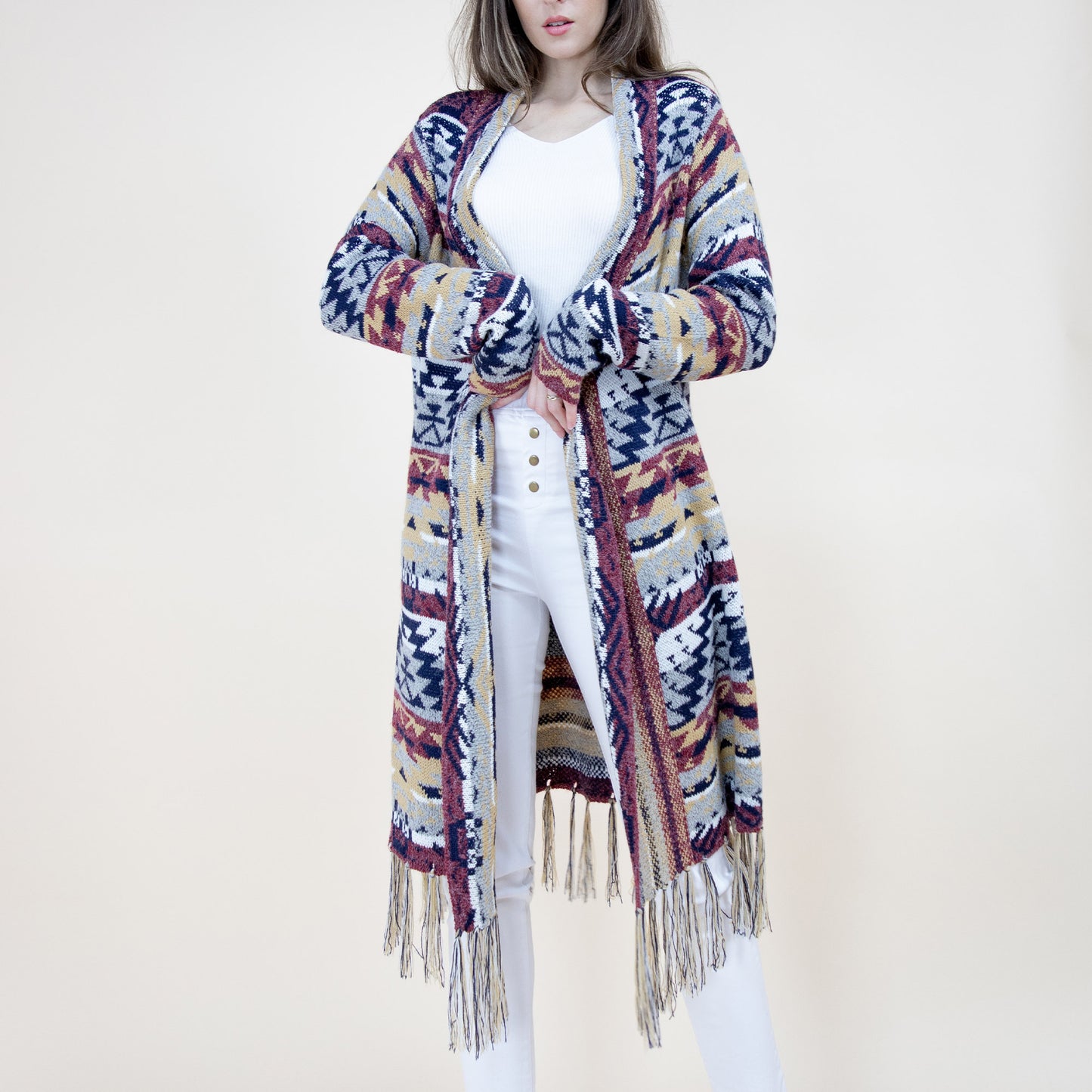 Aztec Bohemian Stripe Pattern Fringed Cardigan FP64092 (2PC)