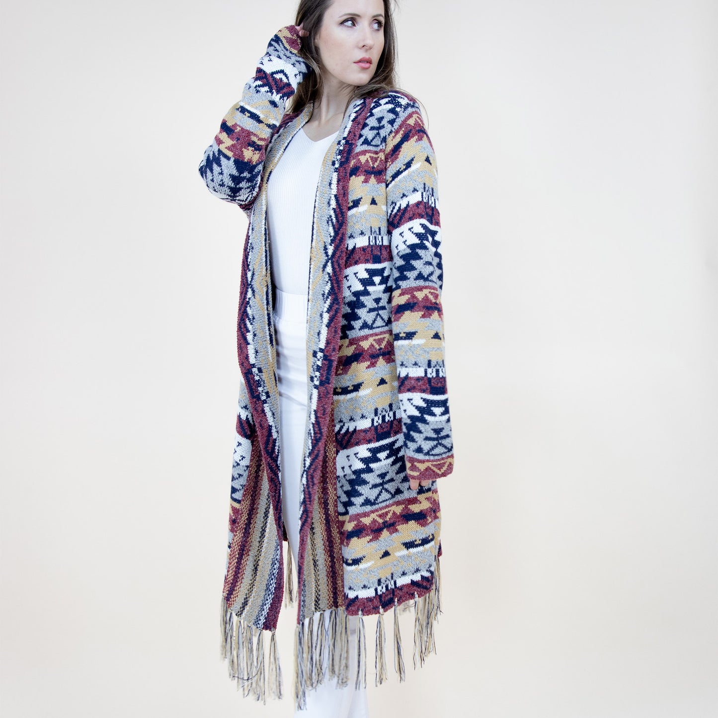Aztec Bohemian Stripe Pattern Fringed Cardigan FP64092 (2PC)