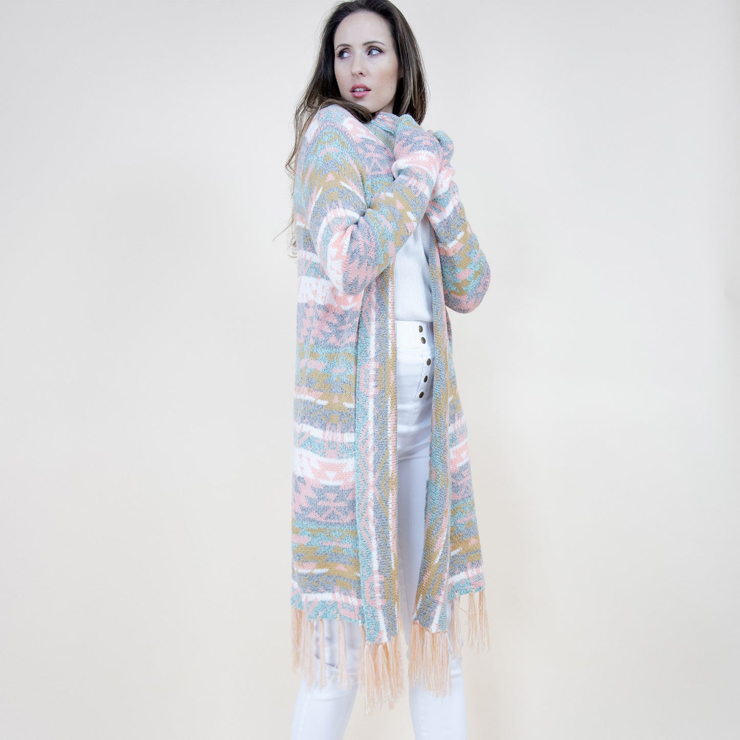 Aztec Bohemian Stripe Pattern Fringed Cardigan FP64092 (2PC)