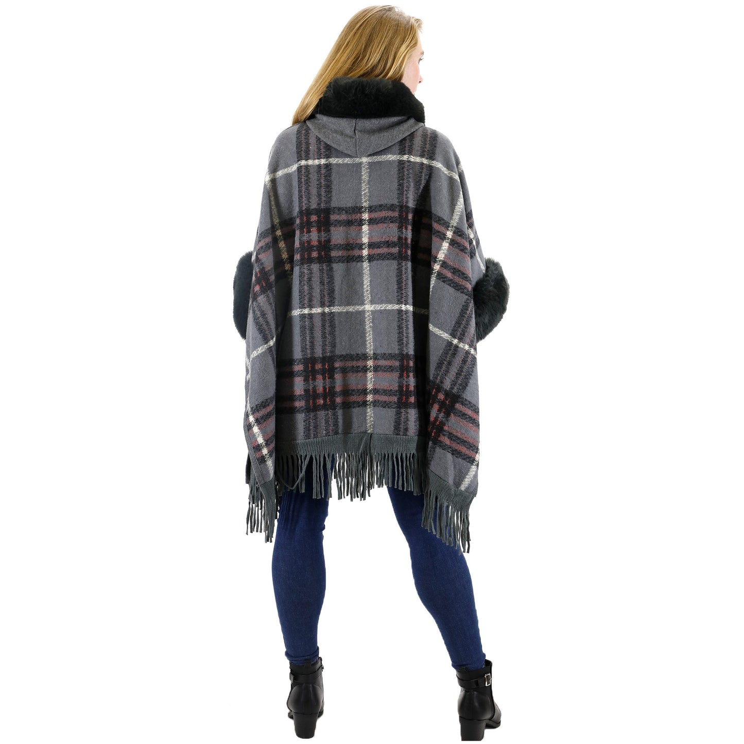 Check Pattern Fur Fringed Shawl P177 (1PC)