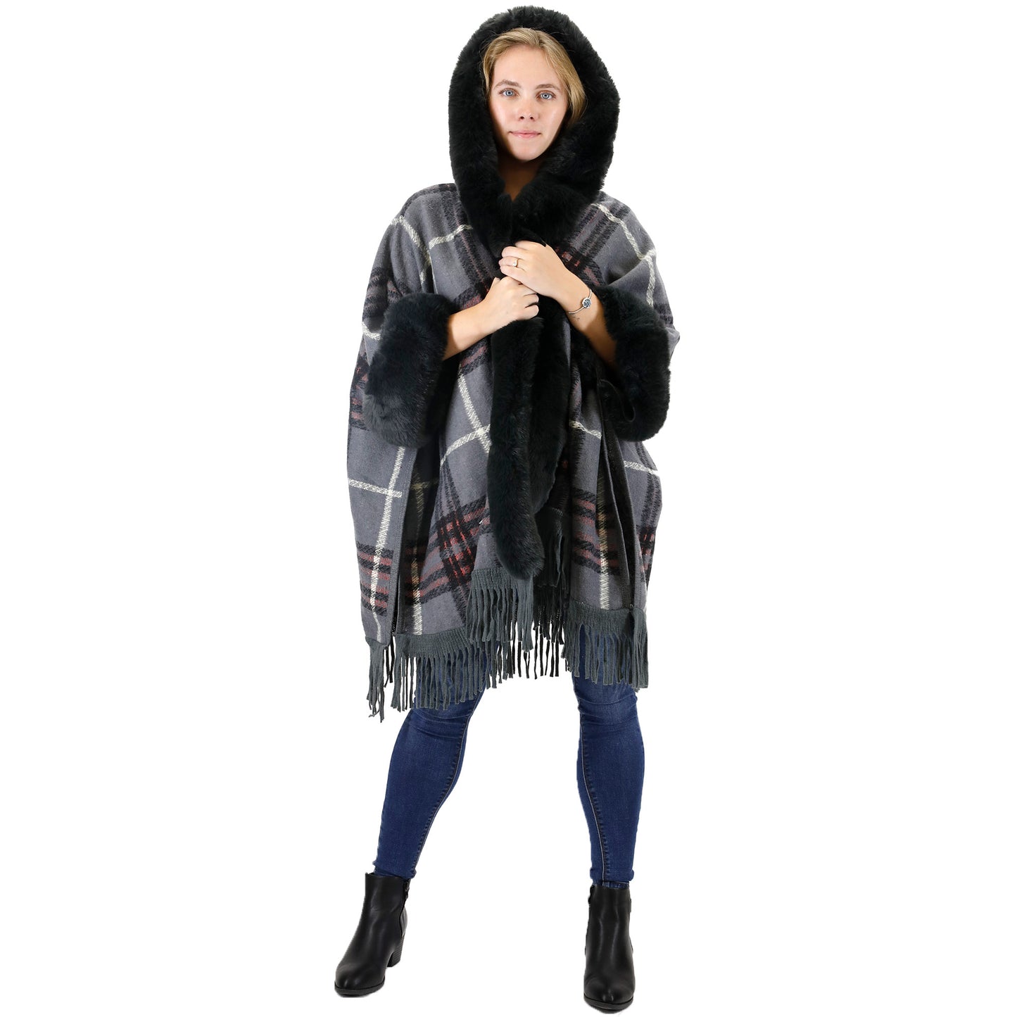 Check Pattern Fur Fringed Shawl P177 (1PC)