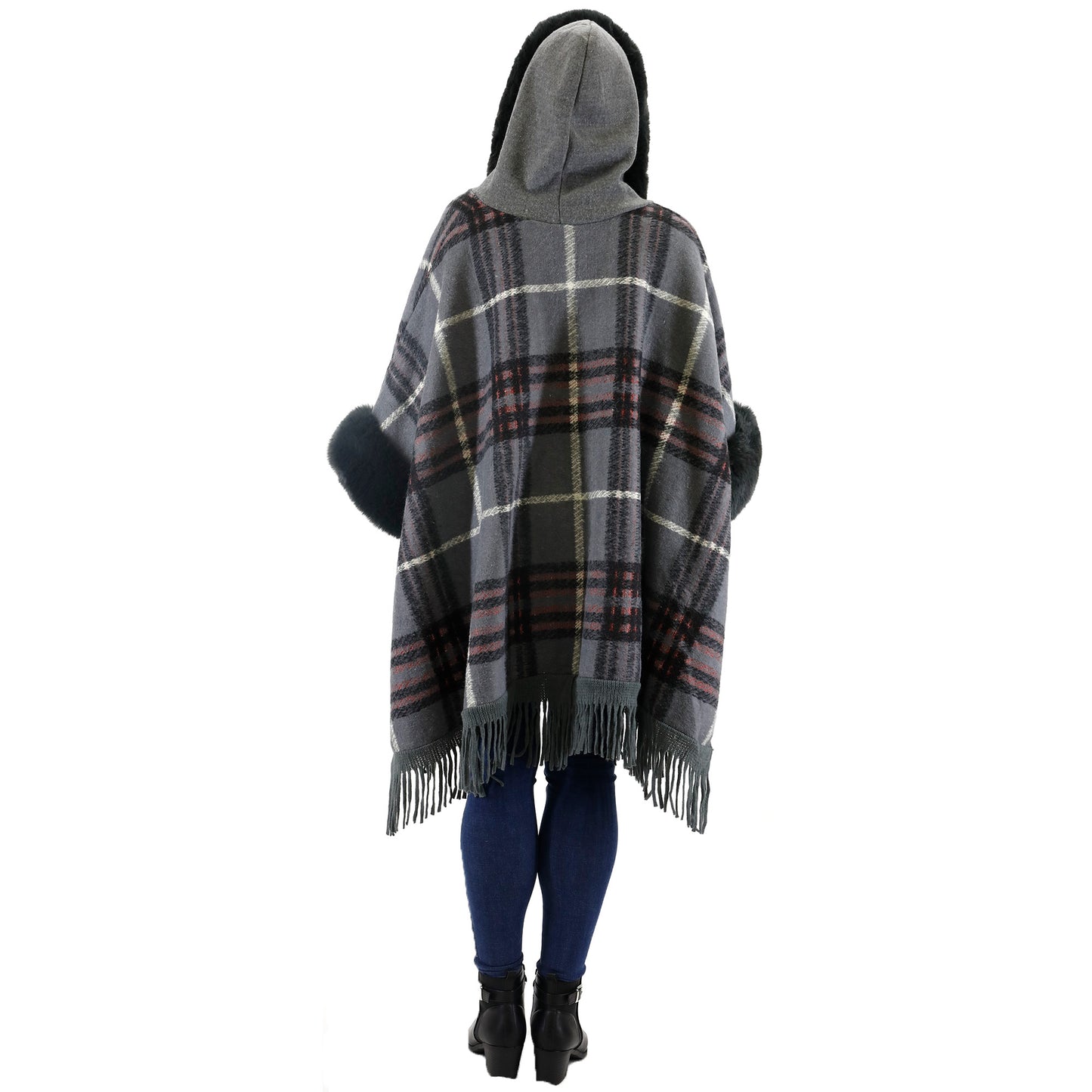 Check Pattern Fur Fringed Shawl P177 (1PC)