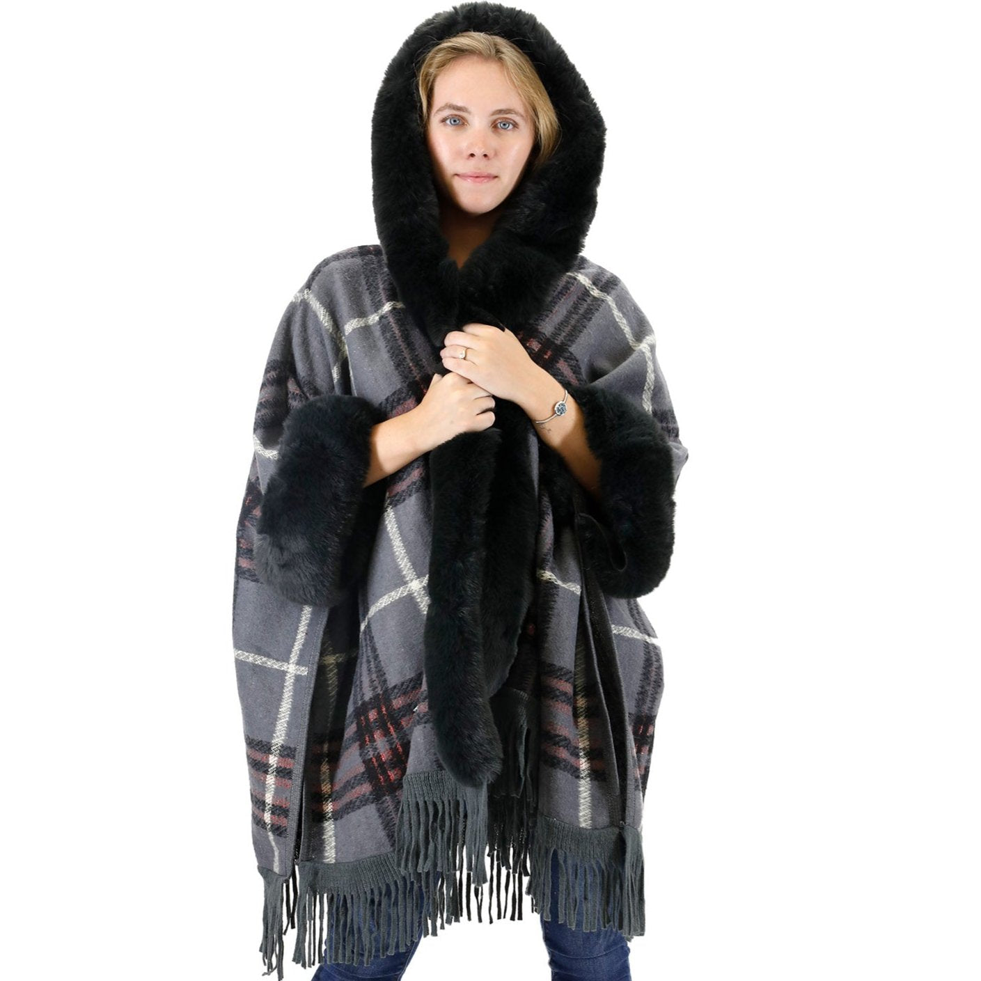 Check Pattern Fur Fringed Shawl P177 (1PC)