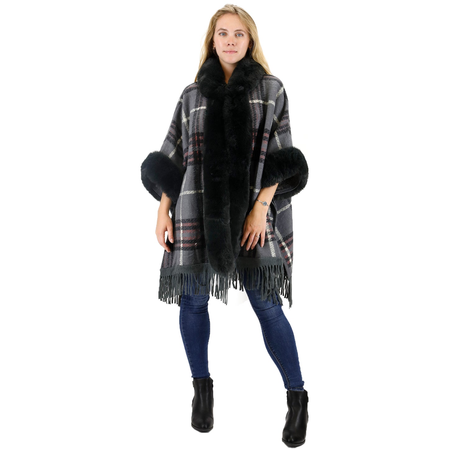 Check Pattern Fur Fringed Shawl P177 (1PC)