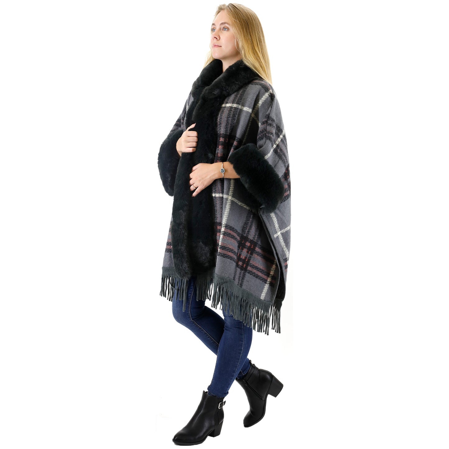 Check Pattern Fur Fringed Shawl P177 (1PC)