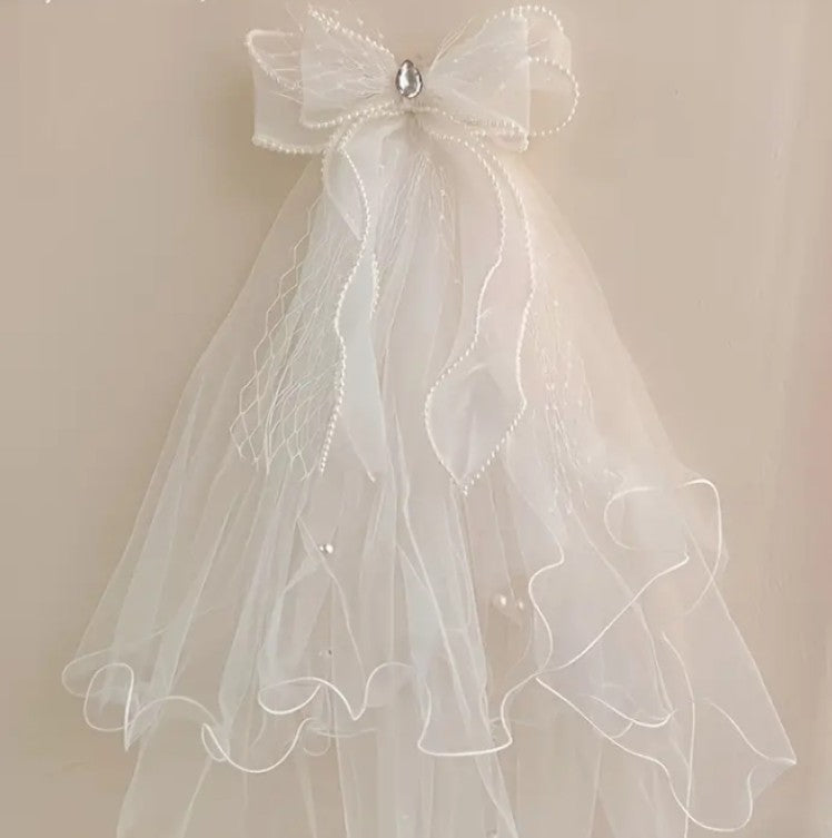 Kids Bow Pearl Veil Hair Deco Clip HLC4315-2 (2PC)