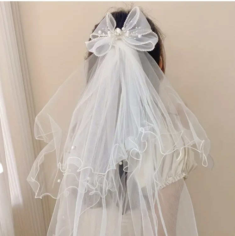 Kids Bow Pearl Veil Hair Deco Clip HLC4315-3 (2PC)