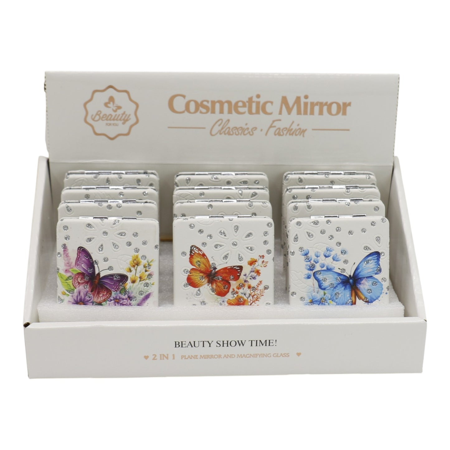 Butterfly Floral Rectangular Glitter Compact Makeup Mirror JM6423-16 (12PC)