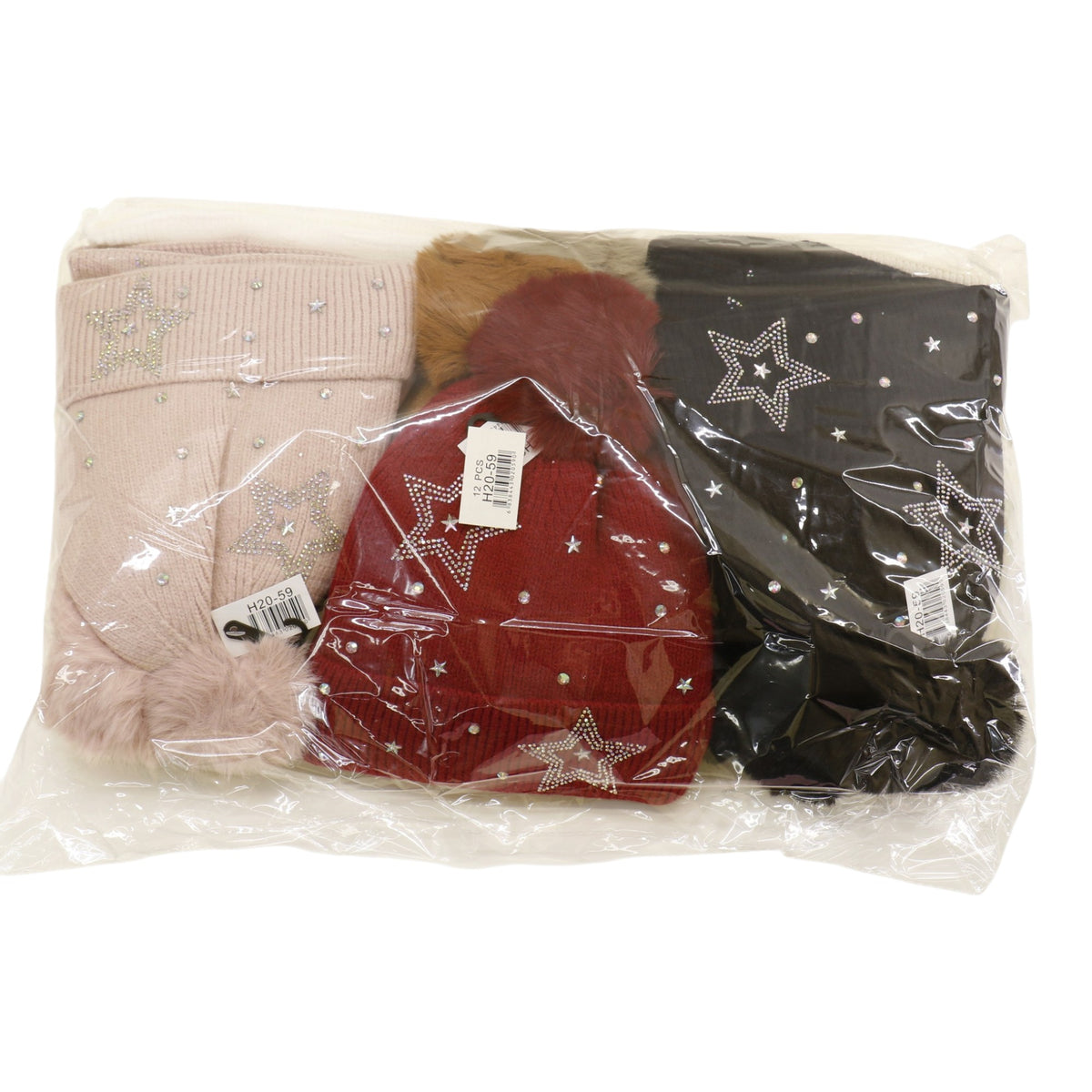 Pom Pom Knitted Beanie With Rhinestone H20-59 (12PC)