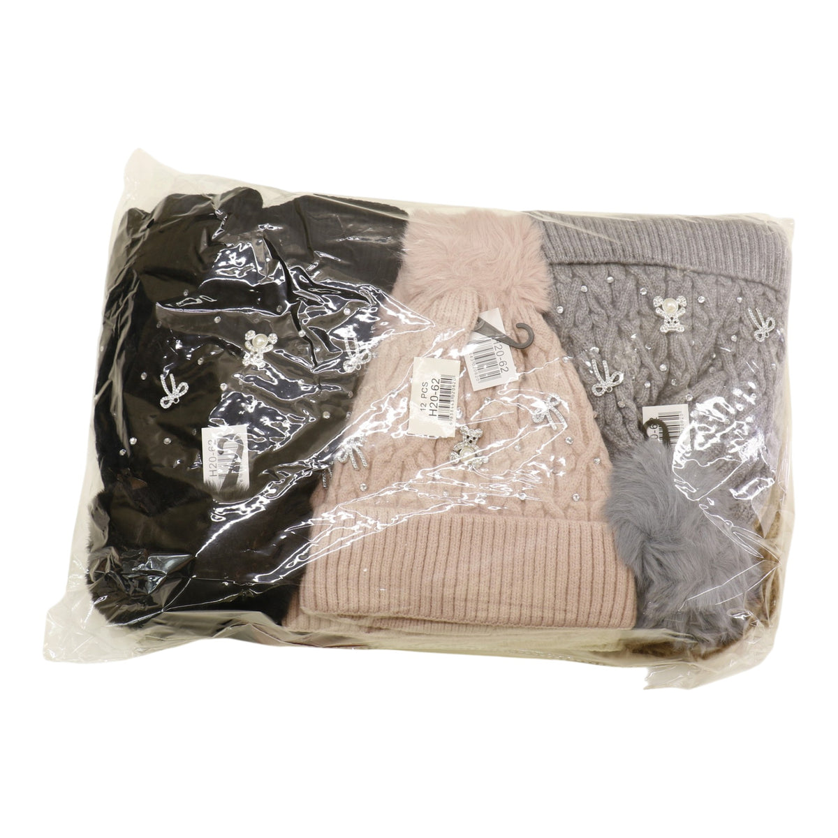 Pom Pom Knitted Beanie With Rhinestone H20-62 (12PC)