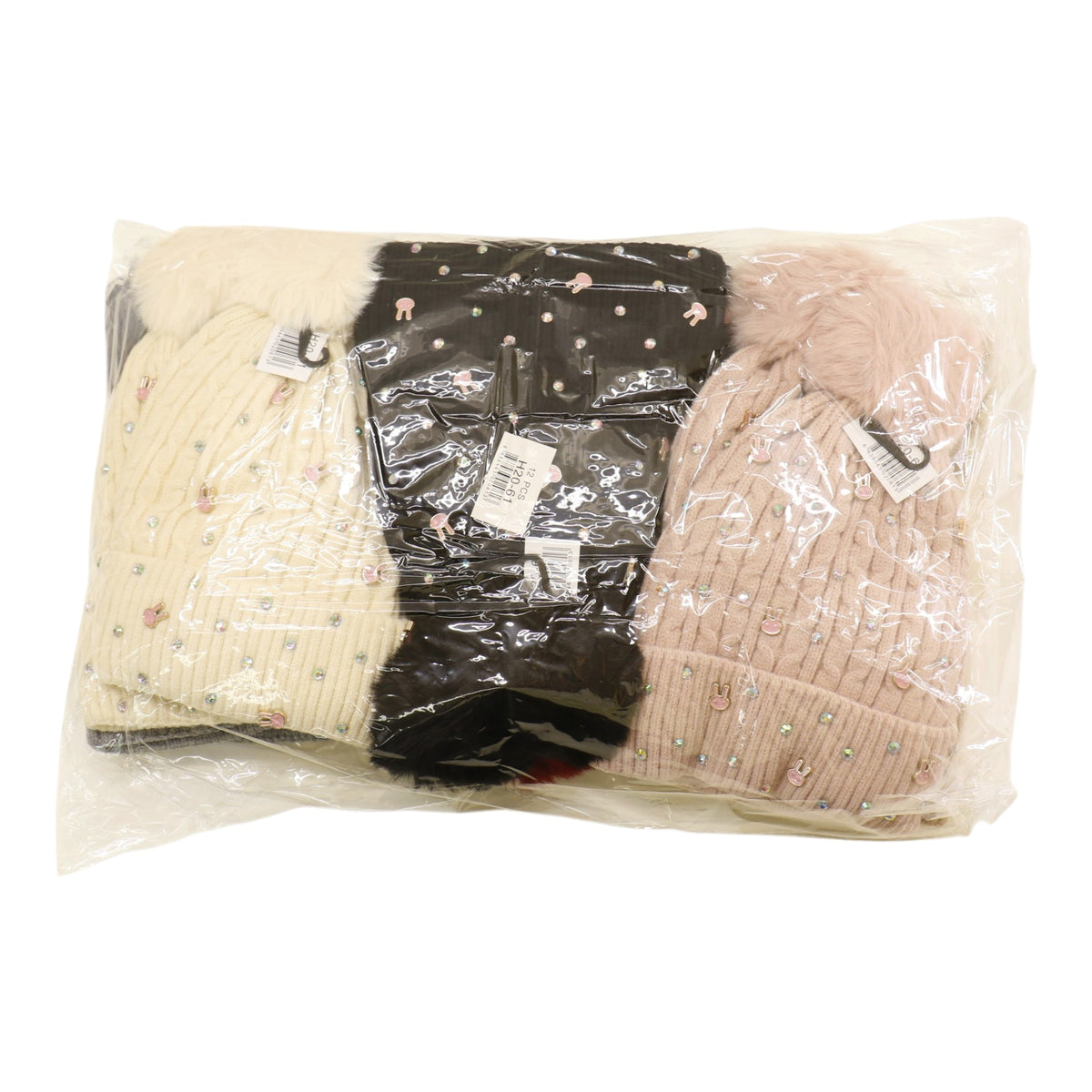 Pom Pom Knitted Beanie With Rhinestone H20-61 (12PC)