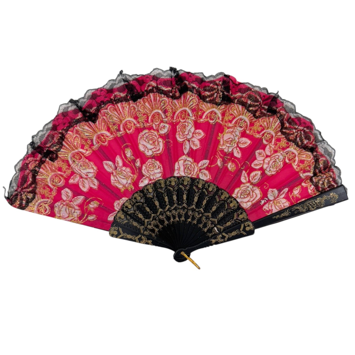 Rose Gold Glitter Lace Trim Hand Held Folding Fan FN4590. (12PC)
