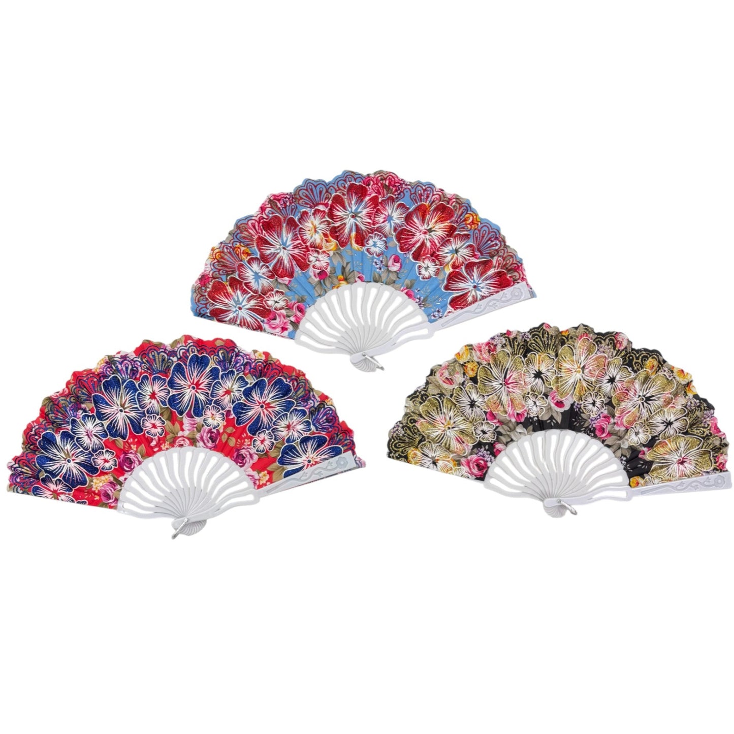 Peony Floral Glitter Hand Held Folding Fan FN0441. (12PC)