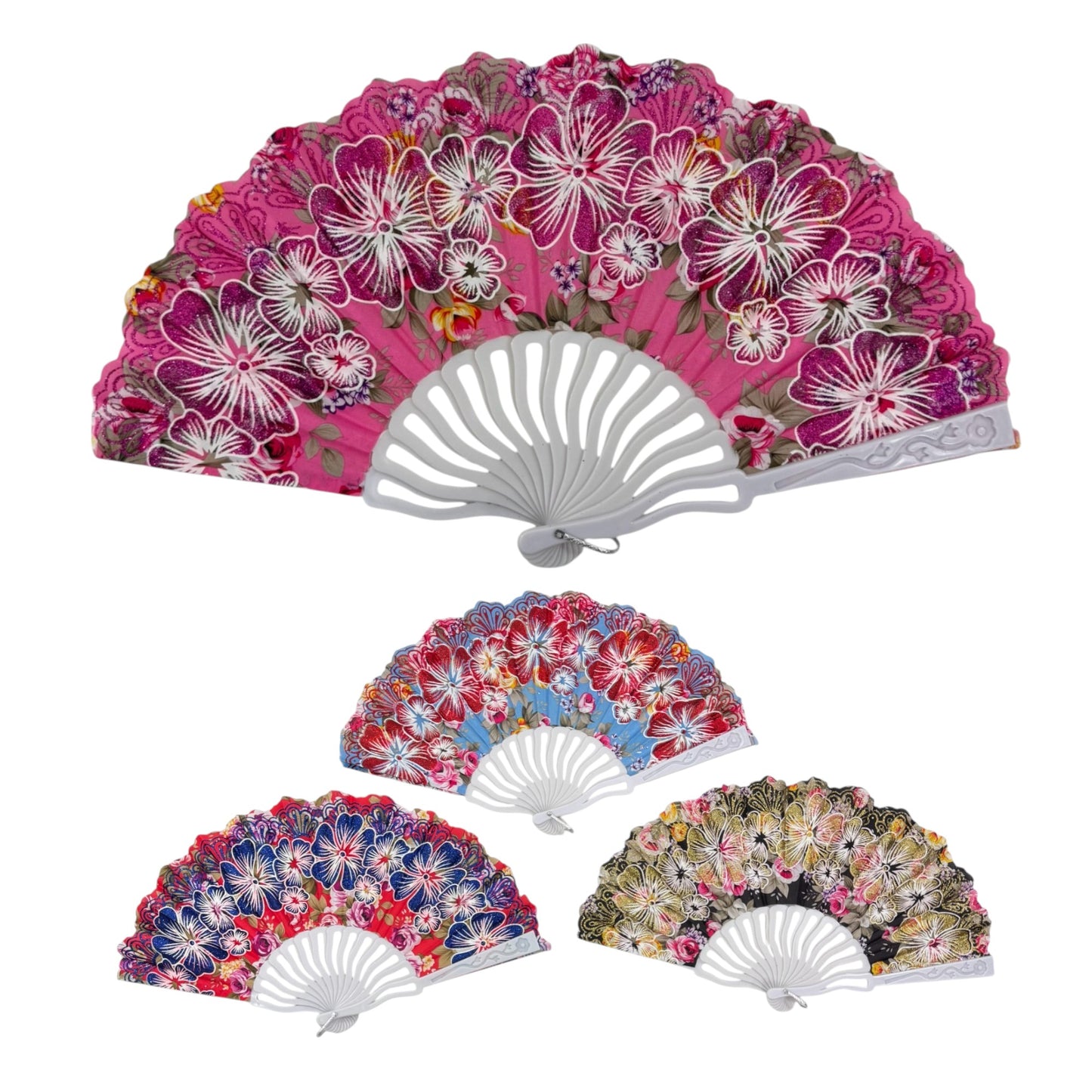 Peony Floral Glitter Hand Held Folding Fan FN0441. (12PC)