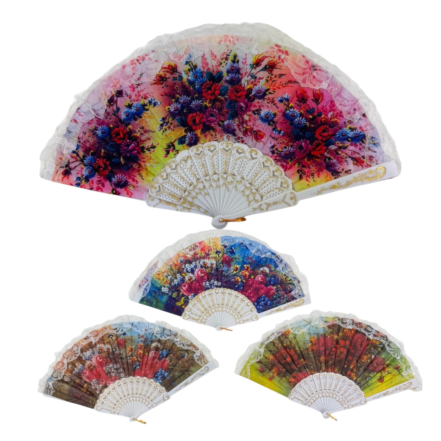 Sheer Floral White Lace Trim Hand Held Folding Fan FN3773 (12PC)