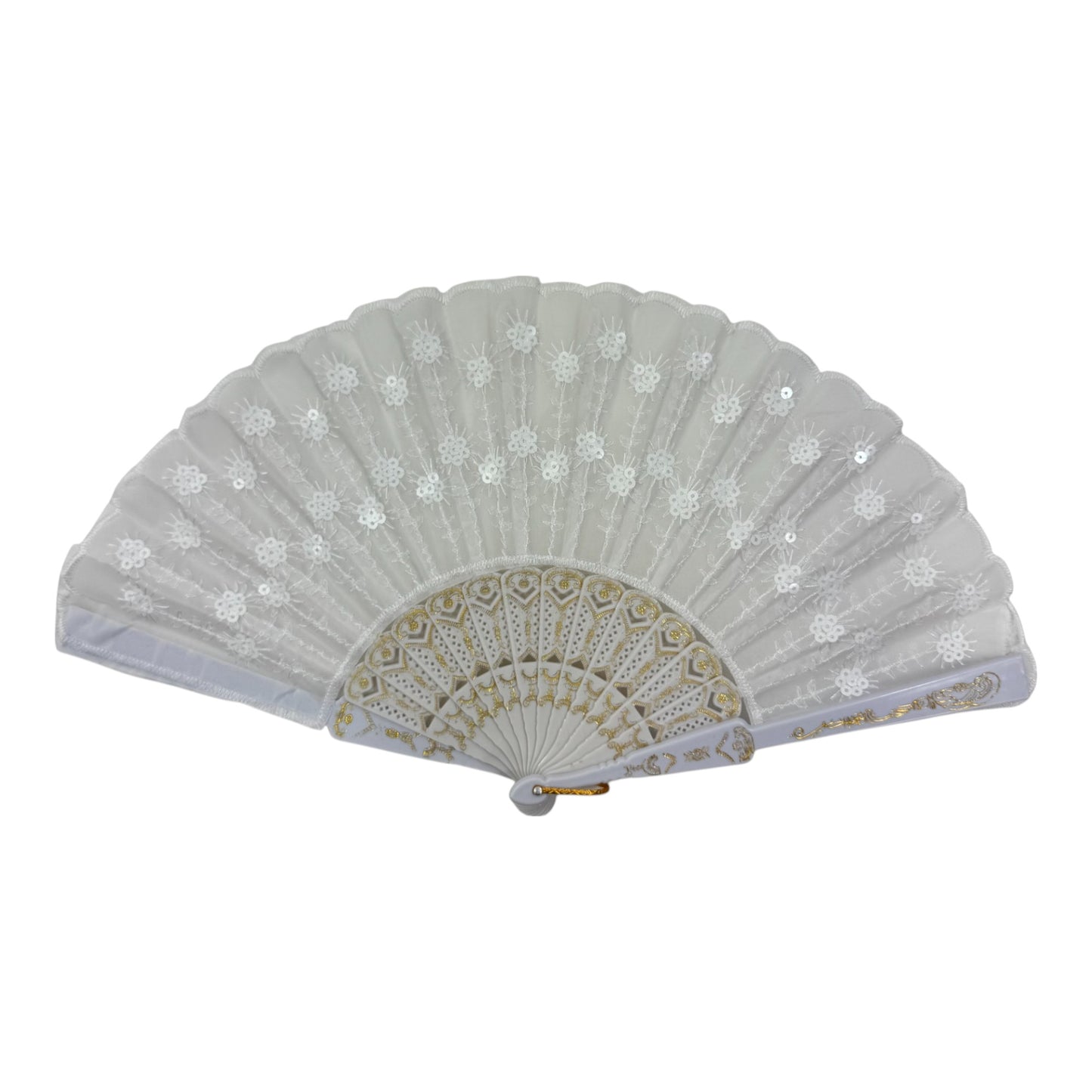 White Floral Sequin Hand Held Folding Fan FN7386(12PC)