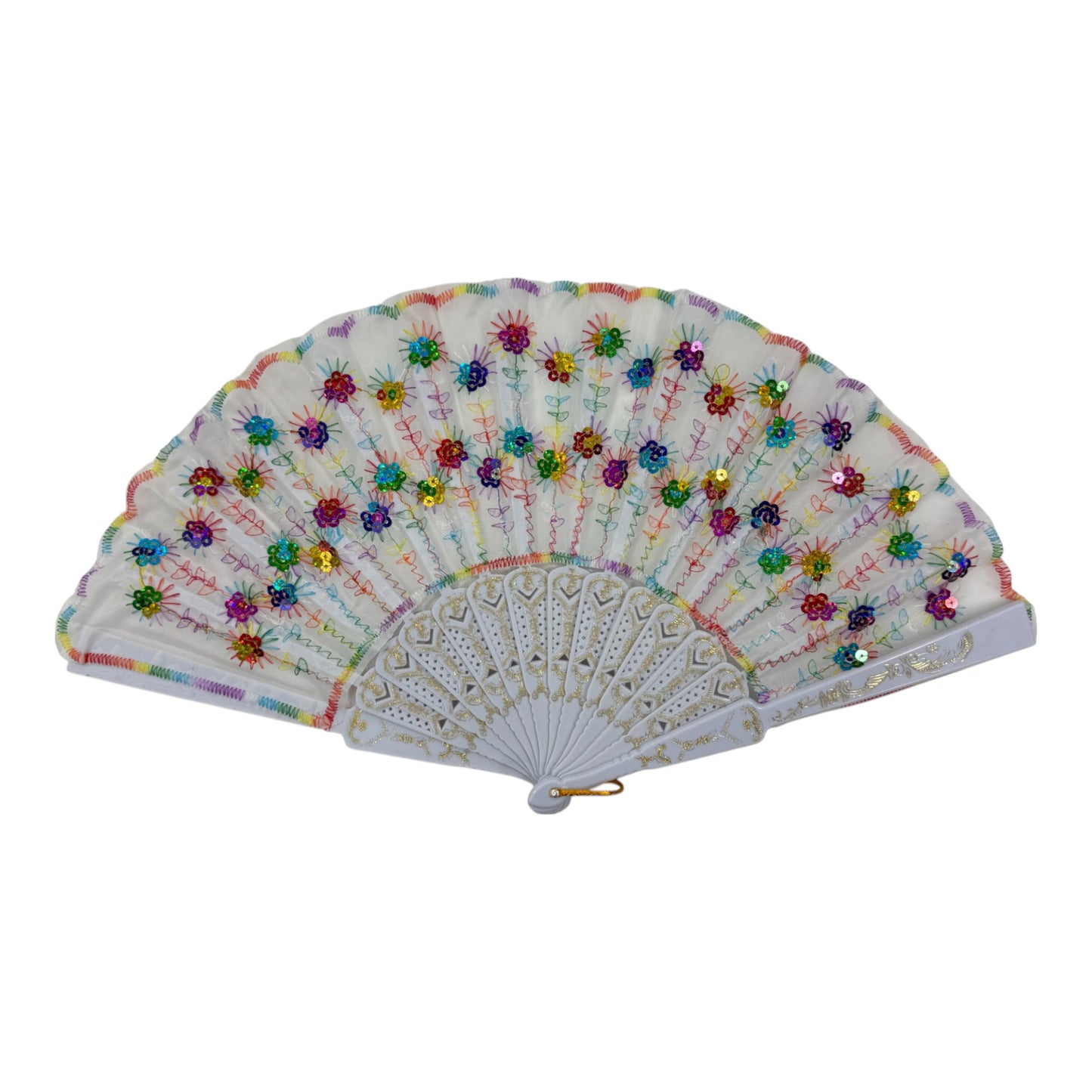 White Floral Sequin Hand Held Folding Fan FN7386(12PC)