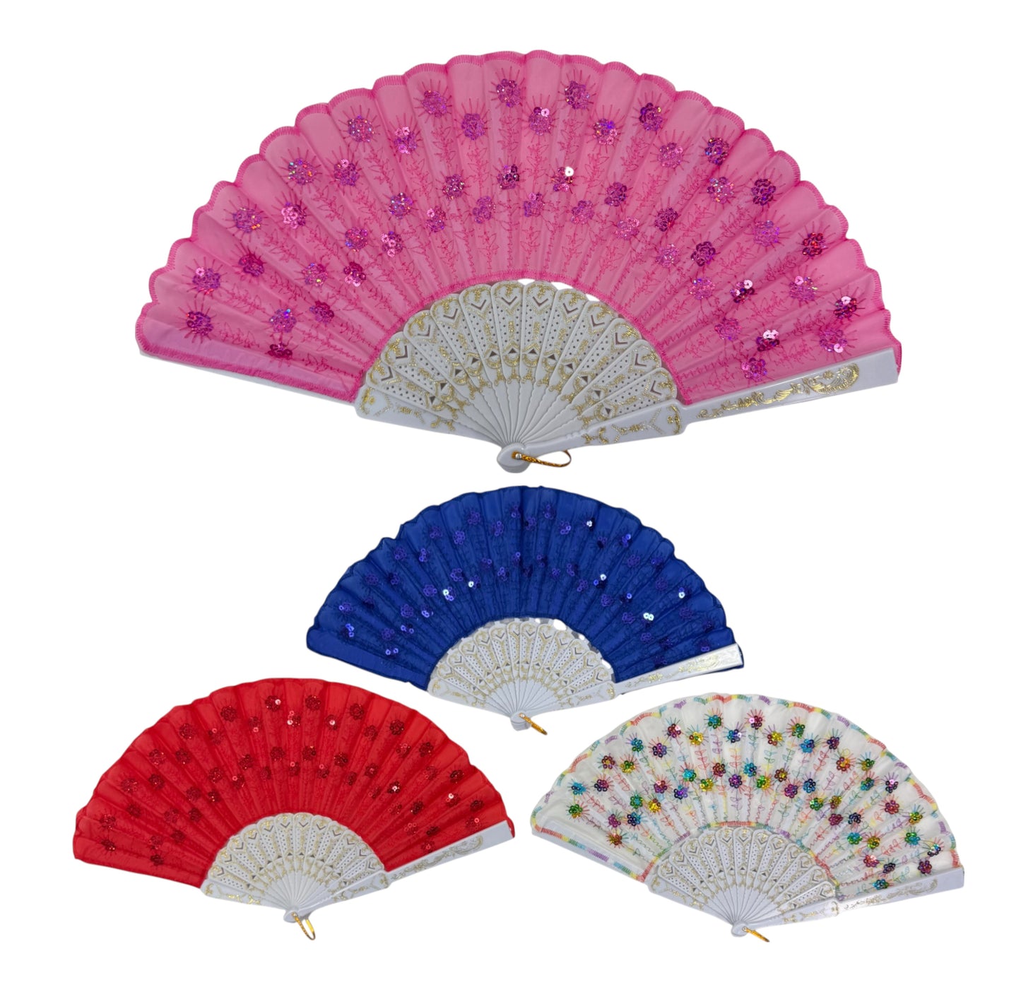 White Floral Sequin Hand Held Folding Fan FN7386(12PC)