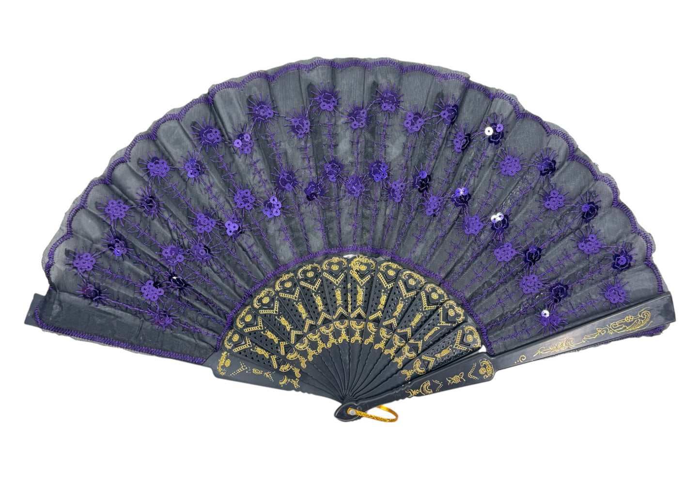 Black Floral Sequin Hand Held Folding Fan FN7387 (12PC)