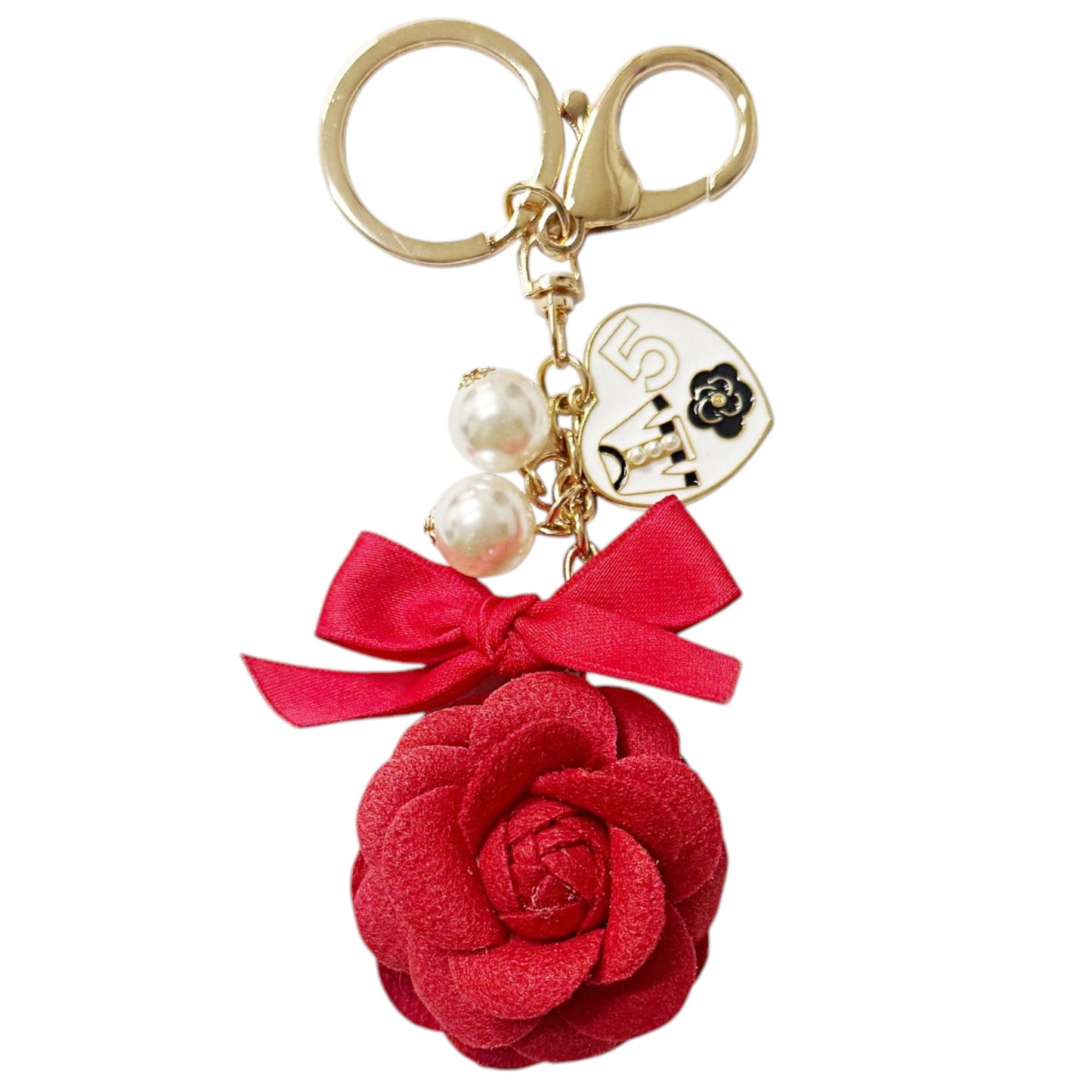 ROSE RIBBON WITH PEARL AND CHARM KEY CHAIN KC41101-30 (12PC)