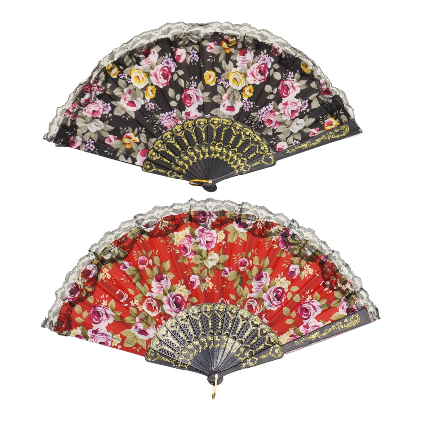 Rose Black Lace Trim Hand Held Folding Fan FN0439 (12PC)