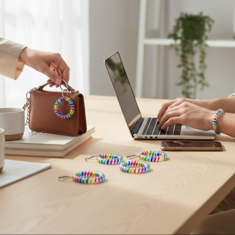 RAINBOW ELASTIC HAIR TIE KEY CHAIN 0415-20 (12PC)