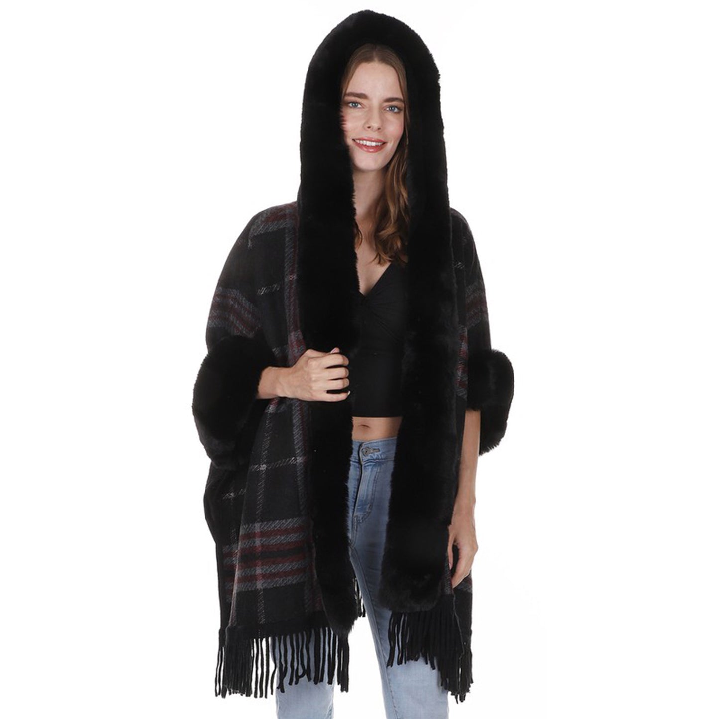 Check Pattern Fur Fringed Shawl P177 (1PC)