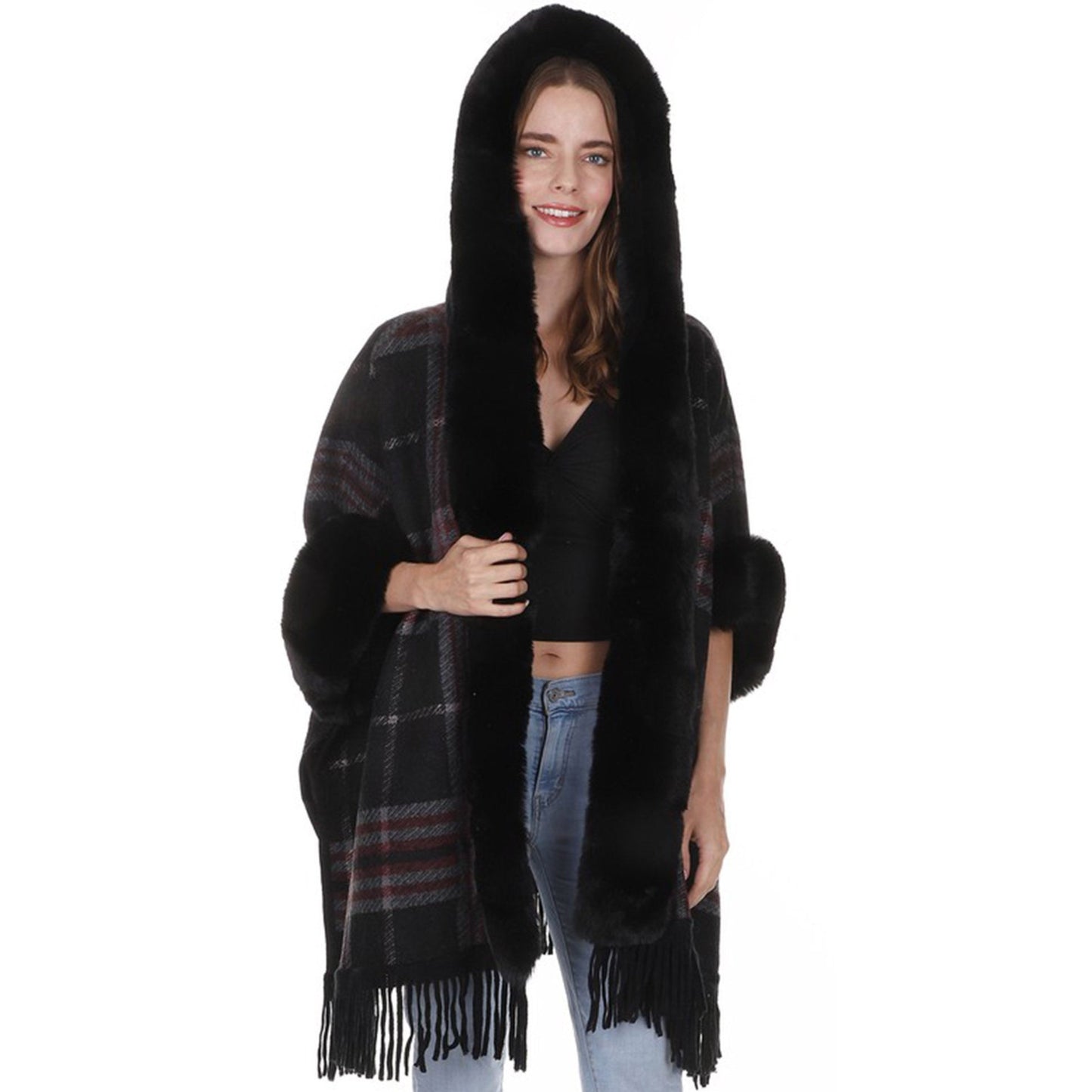 Check Pattern Fur Fringed Shawl P177 (1PC)