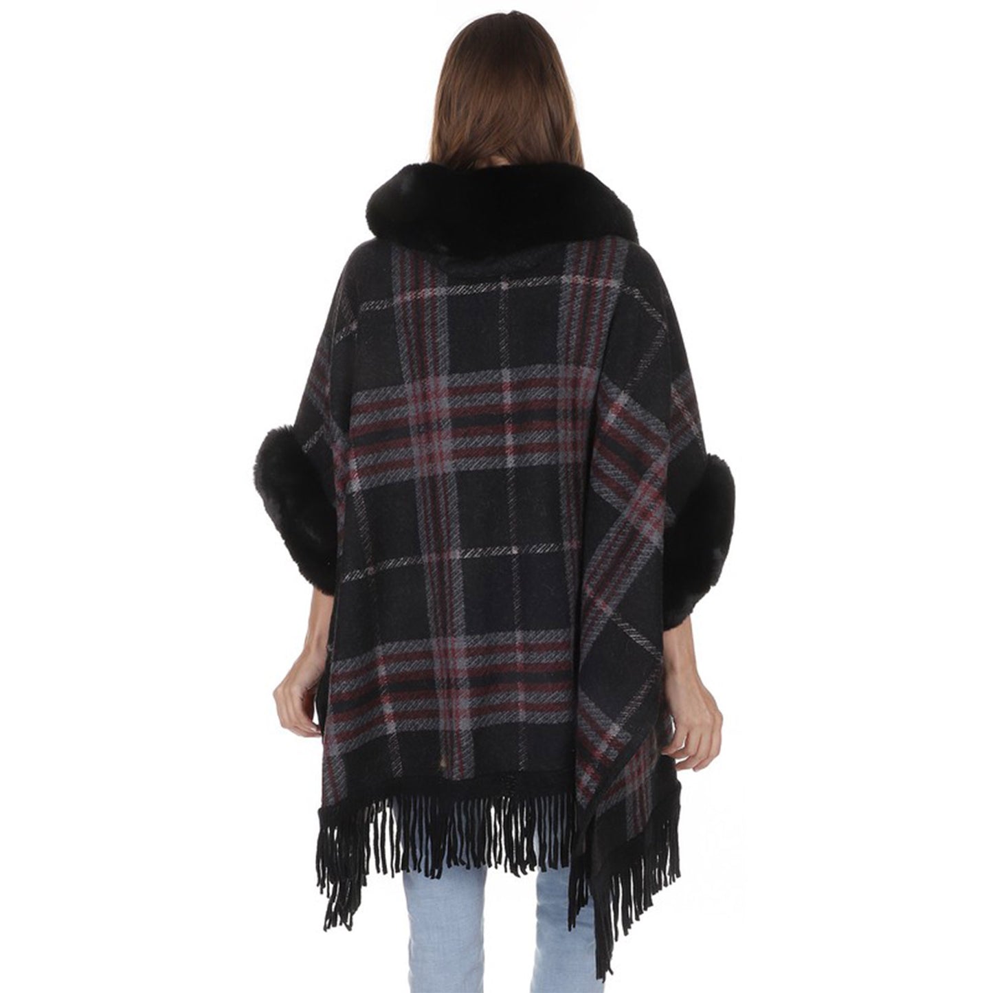 Check Pattern Fur Fringed Shawl P177 (1PC)
