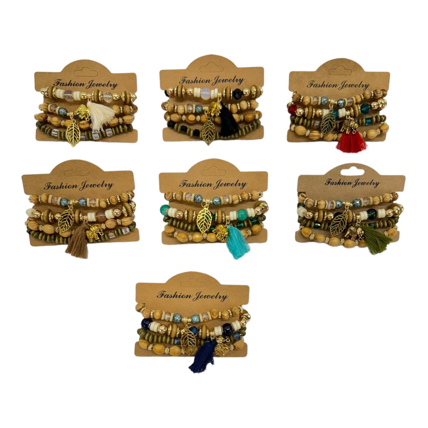 Natural Stone Leaf Elephant Charm Bracelet Set BR4228-6 (12PC)