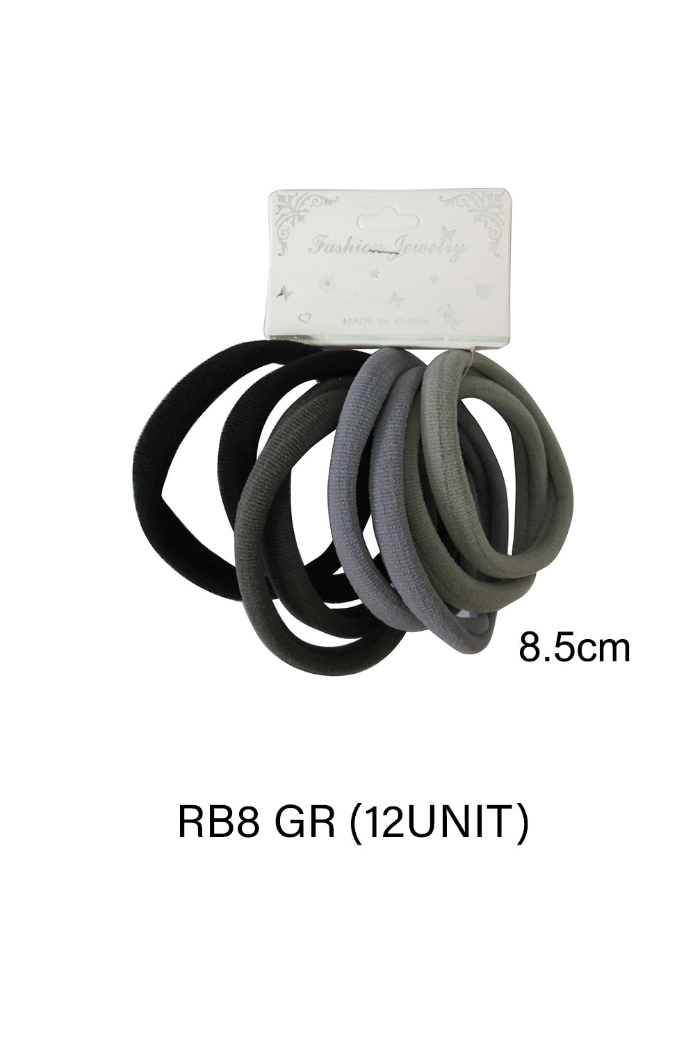 8.5CM Black Grey Mix Hair Tie RB8GR (12PC)