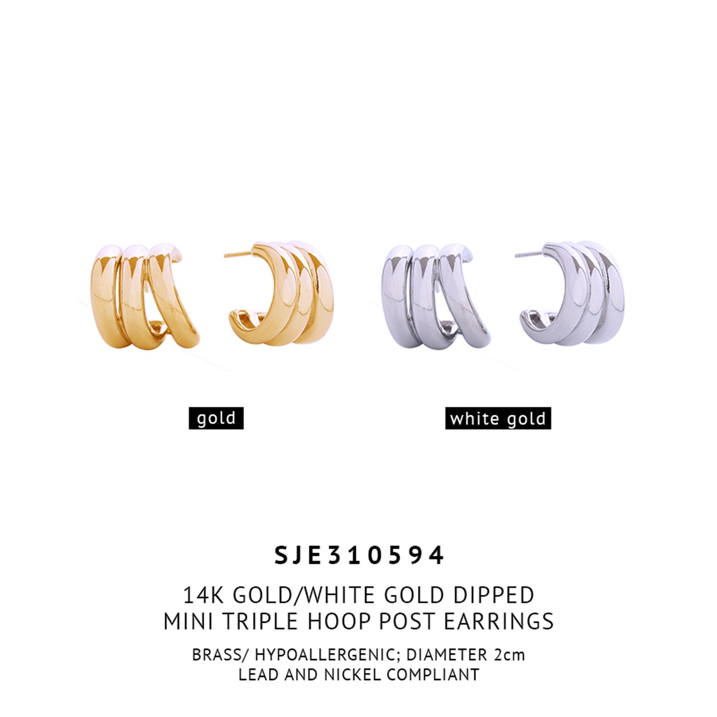 14K Gold Dipped Mini Triple Hoop Post Earring SJE310594 (6PC)