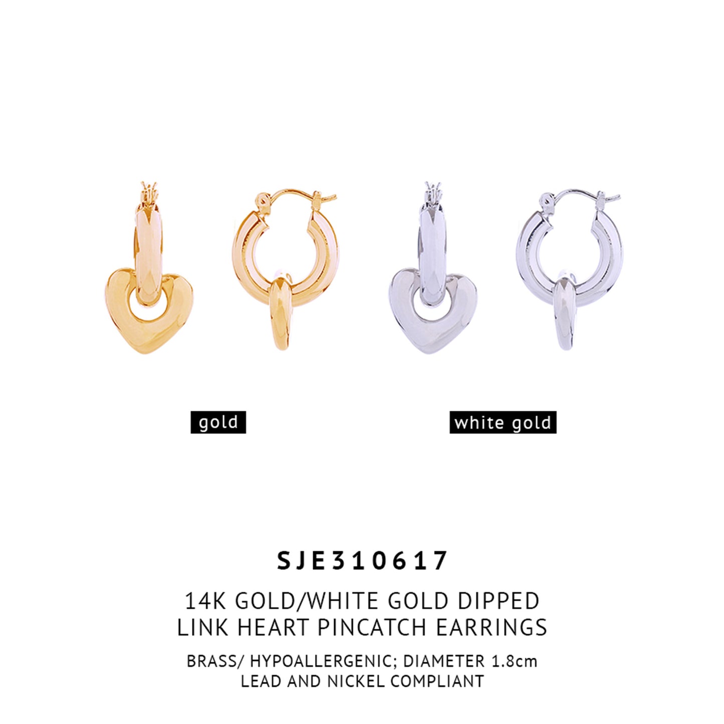 14k Gold Dipped Link Heart Pincatch Earring SJE310617 (6PC)