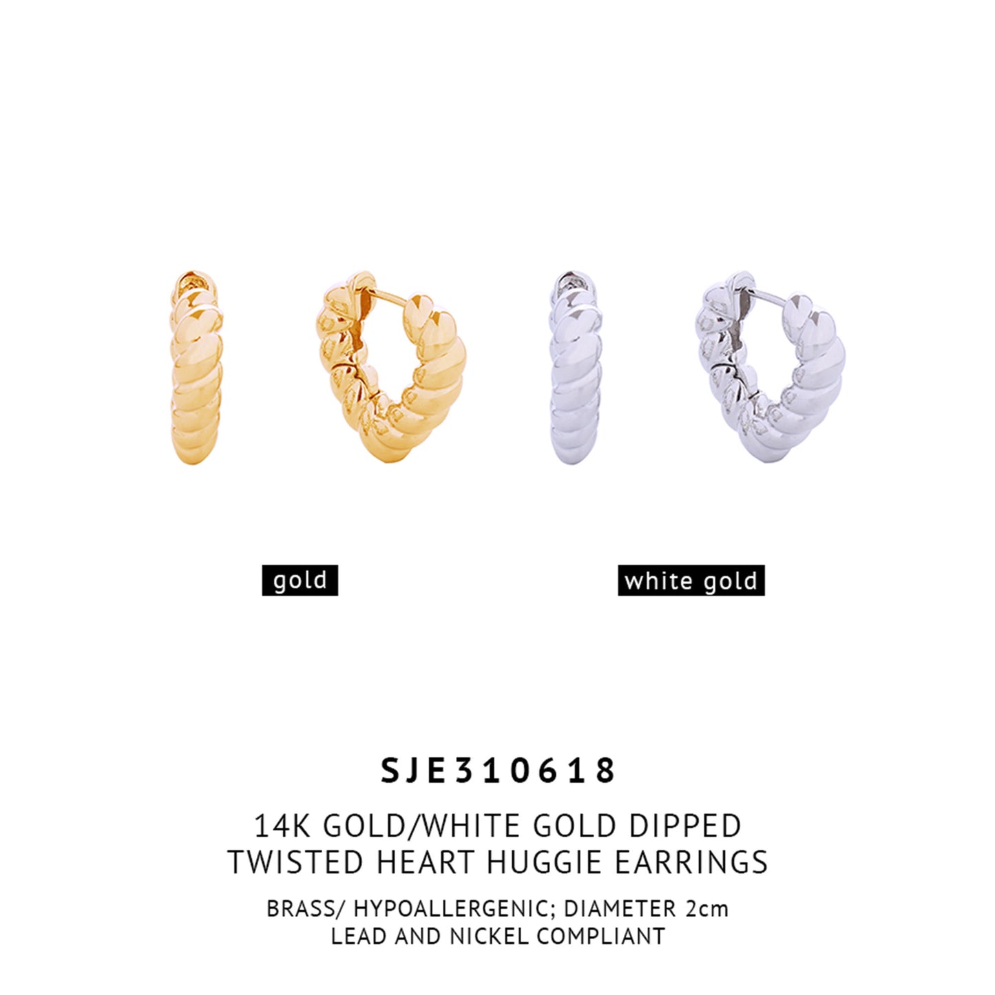 14K Gold Dipped Twisted Heart Huggie Earring SJE310618 (6PC)