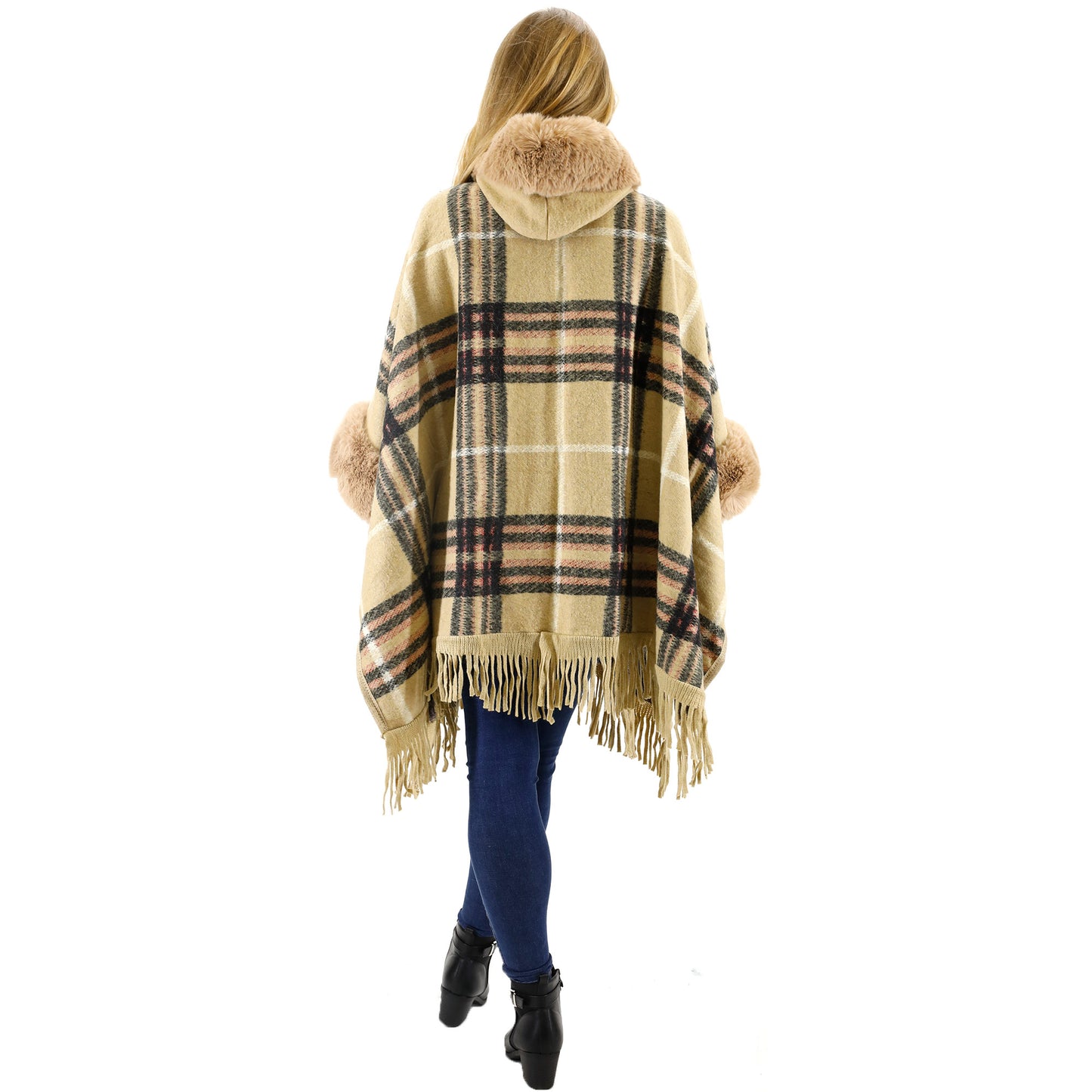 Check Pattern Fur Fringed Shawl P177 (1PC)