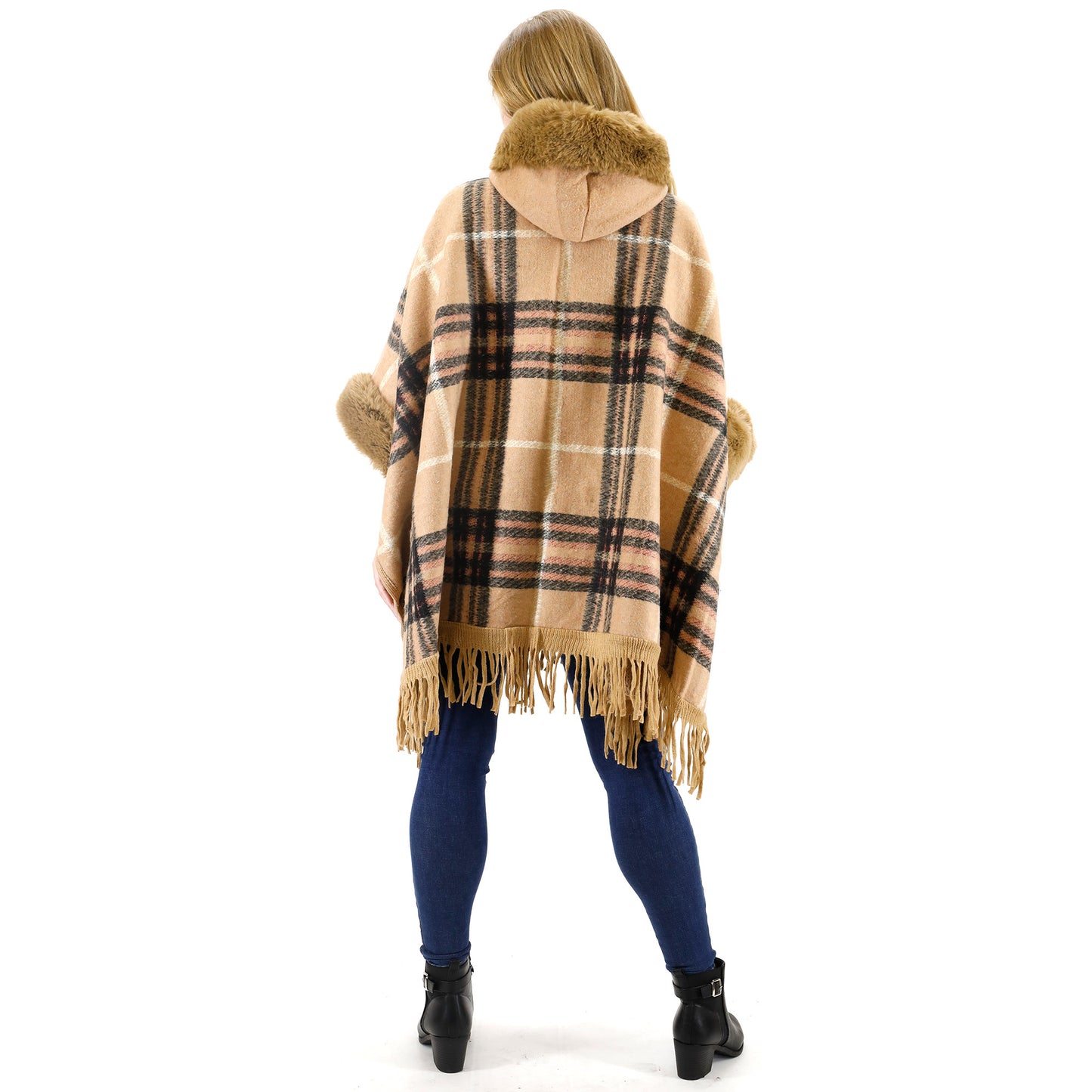 Faux Fur Plaid Pattern Hoodie Shawl P3805. (1PC)