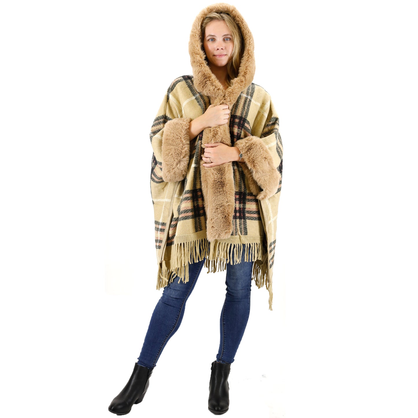 Check Pattern Fur Fringed Shawl P177 (1PC)