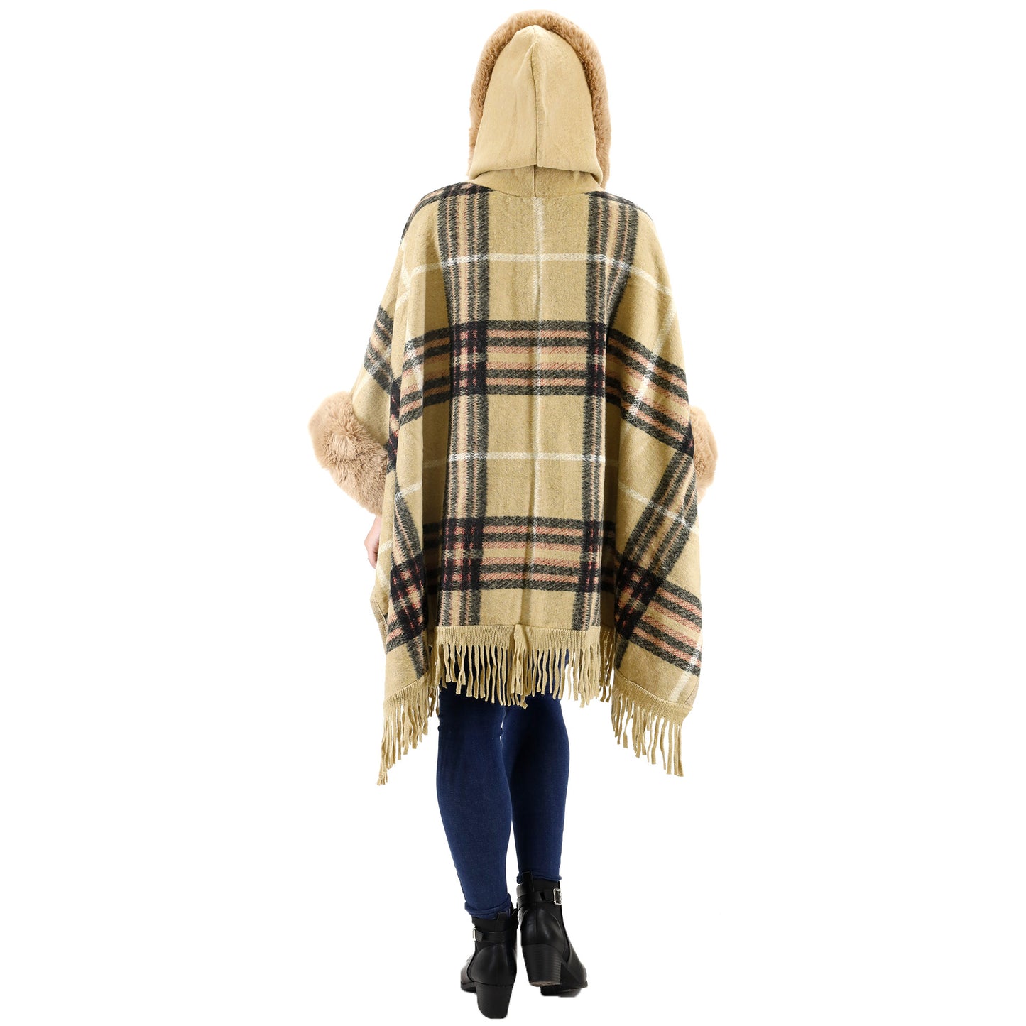 Check Pattern Fur Fringed Shawl P177 (1PC)