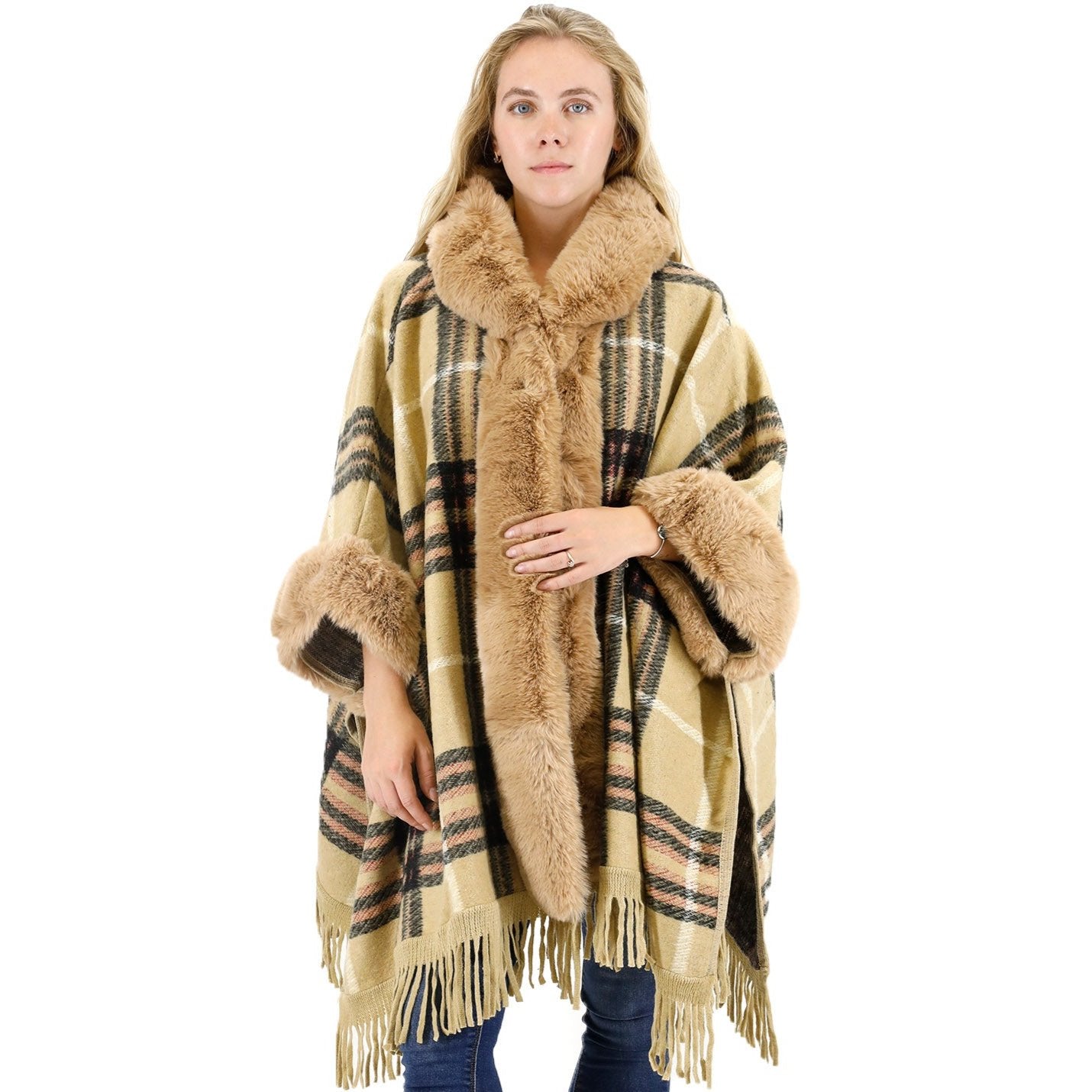 Check Pattern Fur Fringed Shawl P177 (1PC)