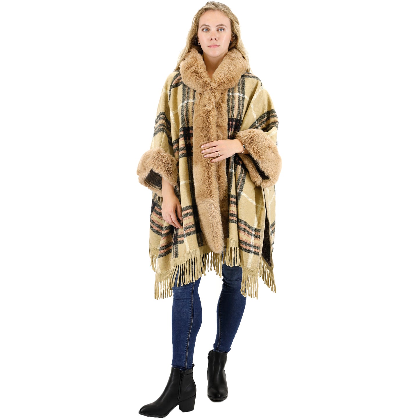 Check Pattern Fur Fringed Shawl P177 (1PC)